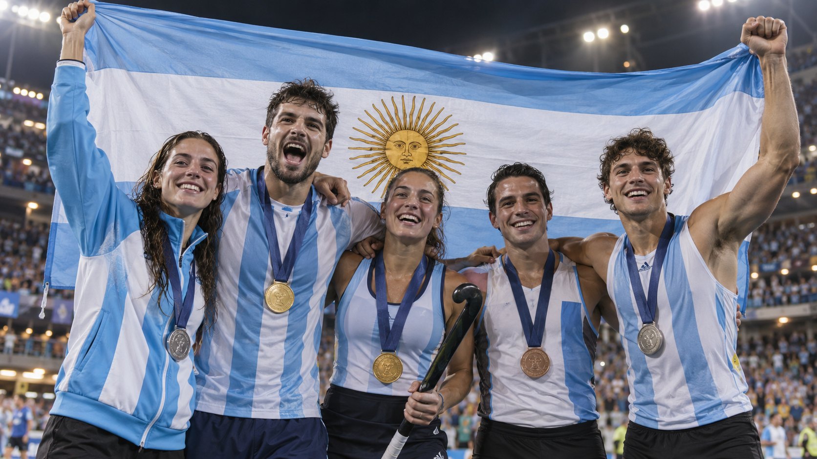 Ilustración editorial generada con IA: un grupo de deportistas argentinos de distintas disciplinas, con equipos celeste y blanco y medallas al cuello, celebra frente a una bandera argentina en un estadio iluminado; no es una fotografía de los Juegos ni de atletas reales.