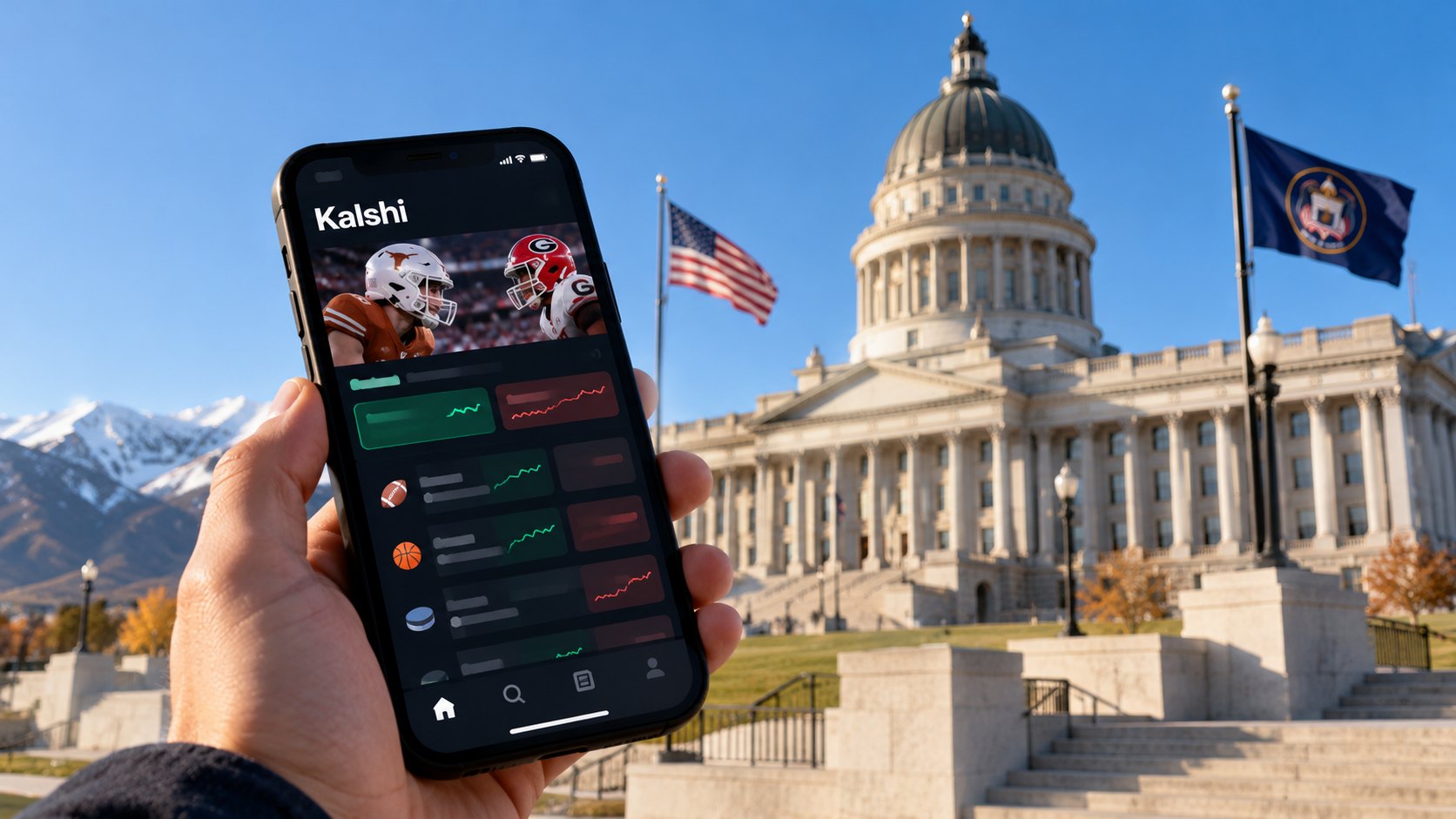 Ilustración editorial generada con IA: una mano sostiene un celular con la aplicación de Kalshi abierta en una sección de deportes, frente al Capitolio de Utah en Salt Lake City con las banderas de EE.UU. y de Utah; composición conceptual, no es una captura real de la aplicación.