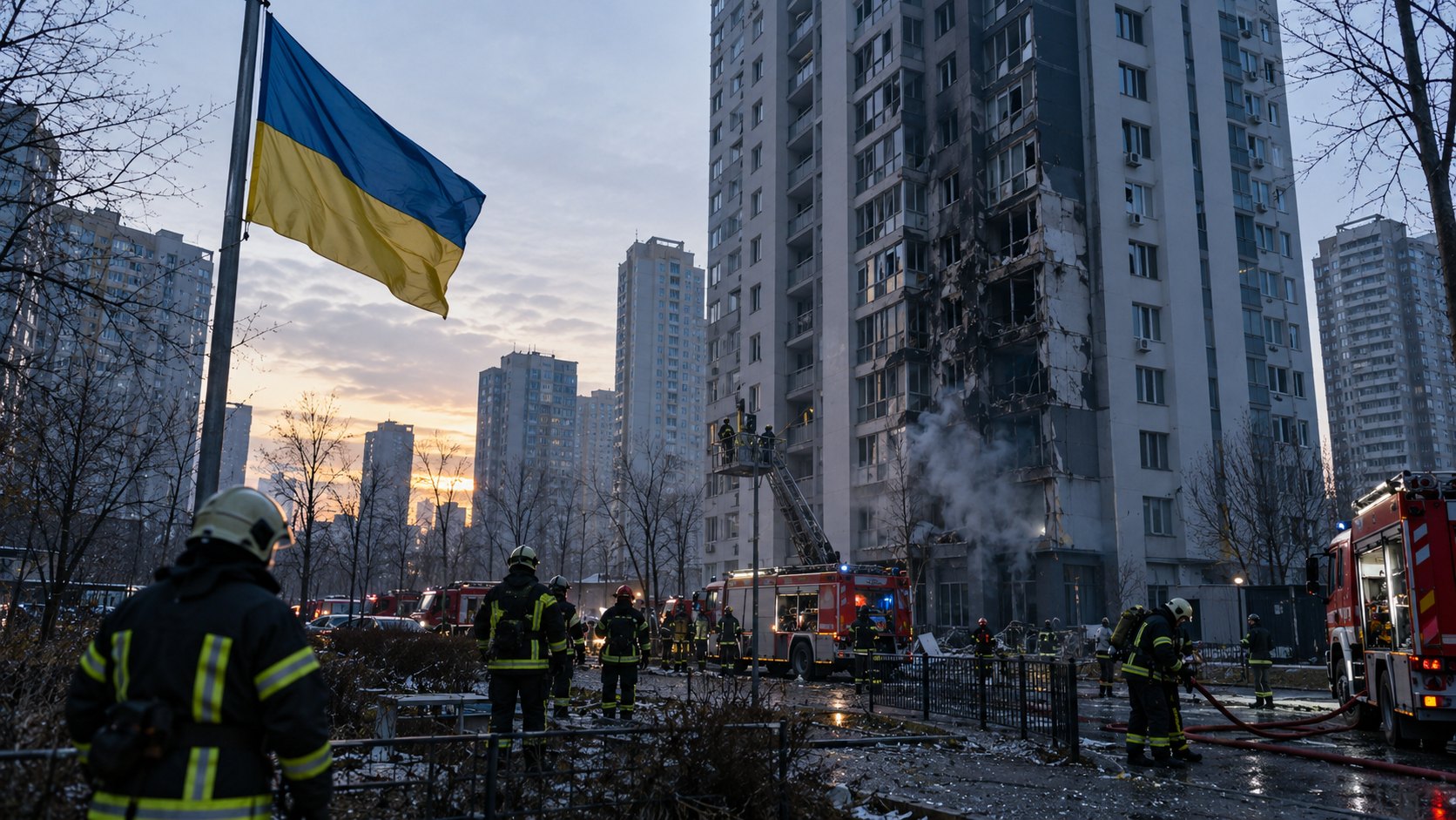 Ilustración editorial generada con IA: al amanecer, bomberos ucranianos con cascos y uniformes reflectivos trabajan con camiones y una escalera frente a una torre residencial de Kiev con pisos dañados y humo, junto a una bandera de Ucrania; composición representativa, no es una fotografía del ataque ni de un edificio identificado.