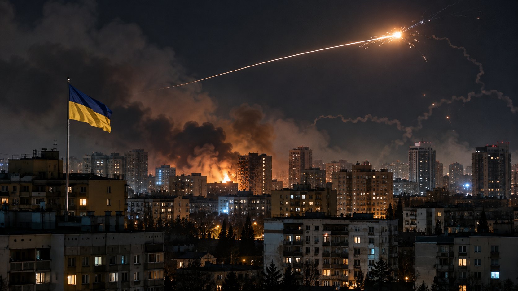 Ilustración editorial generada con IA: el skyline residencial de Kiev de noche, con una bandera de Ucrania en primer plano, humo e incendio entre los edificios y la estela de una intercepción de defensa aérea en el cielo; composición conceptual, no es una fotografía del ataque real.