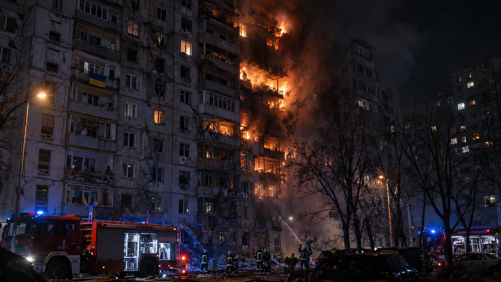 Ilustración editorial generada con IA: un edificio residencial de Kiev, de noche, con fuego y humo en varios pisos, una bandera ucraniana en un balcón y bomberos con camiones de emergencia al pie; composición conceptual, no es una fotografía del ataque.