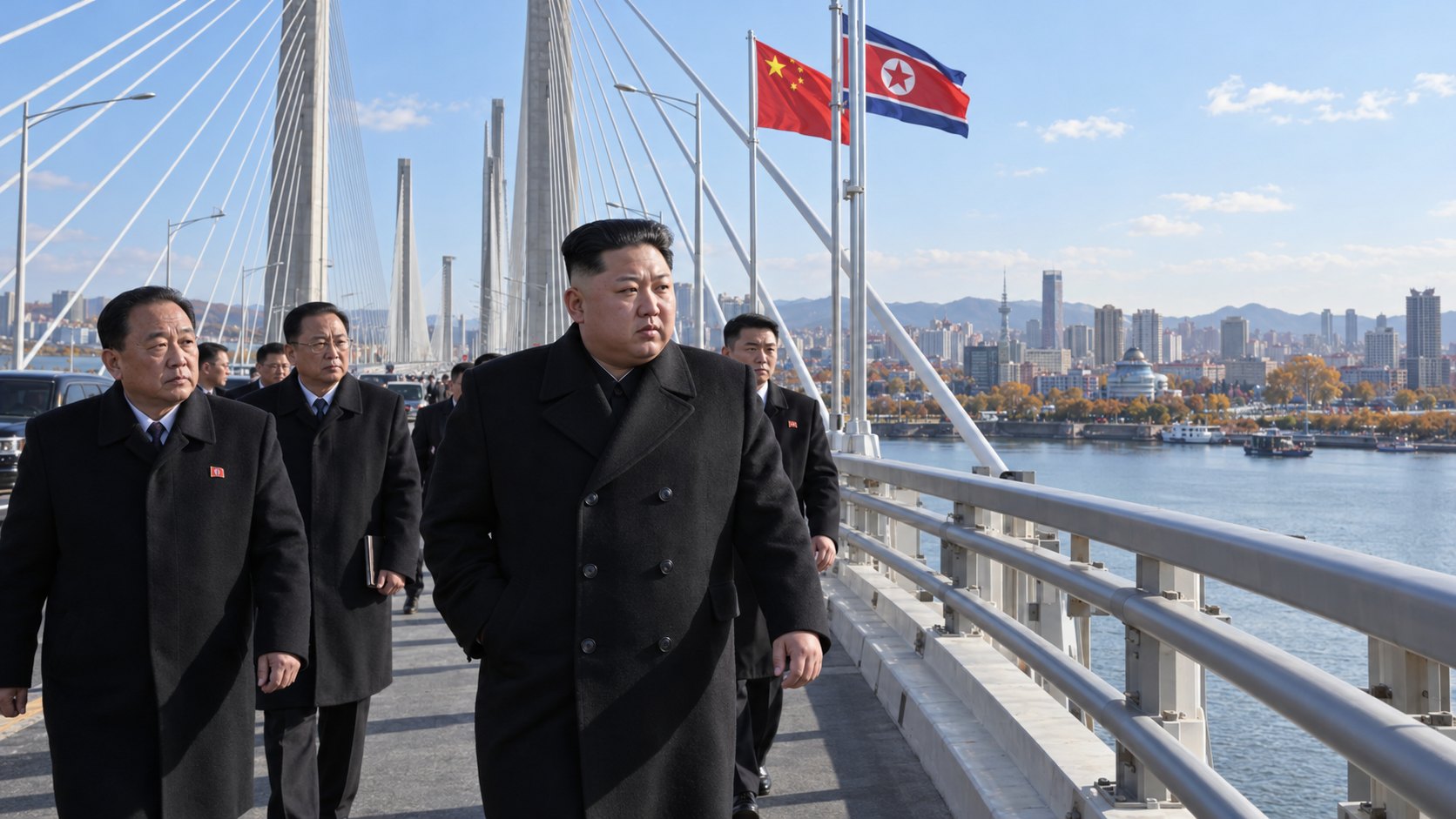 Ilustración editorial generada con IA: Kim Jong Un, líder de Corea del Norte, con abrigo negro camina junto a funcionarios por un puente atirantado sobre el río Yalu, con banderas de China y de Corea del Norte en los mástiles y la ciudad de Dandong al fondo; composición conceptual, no es una fotografía del cruce del 24 de octubre.