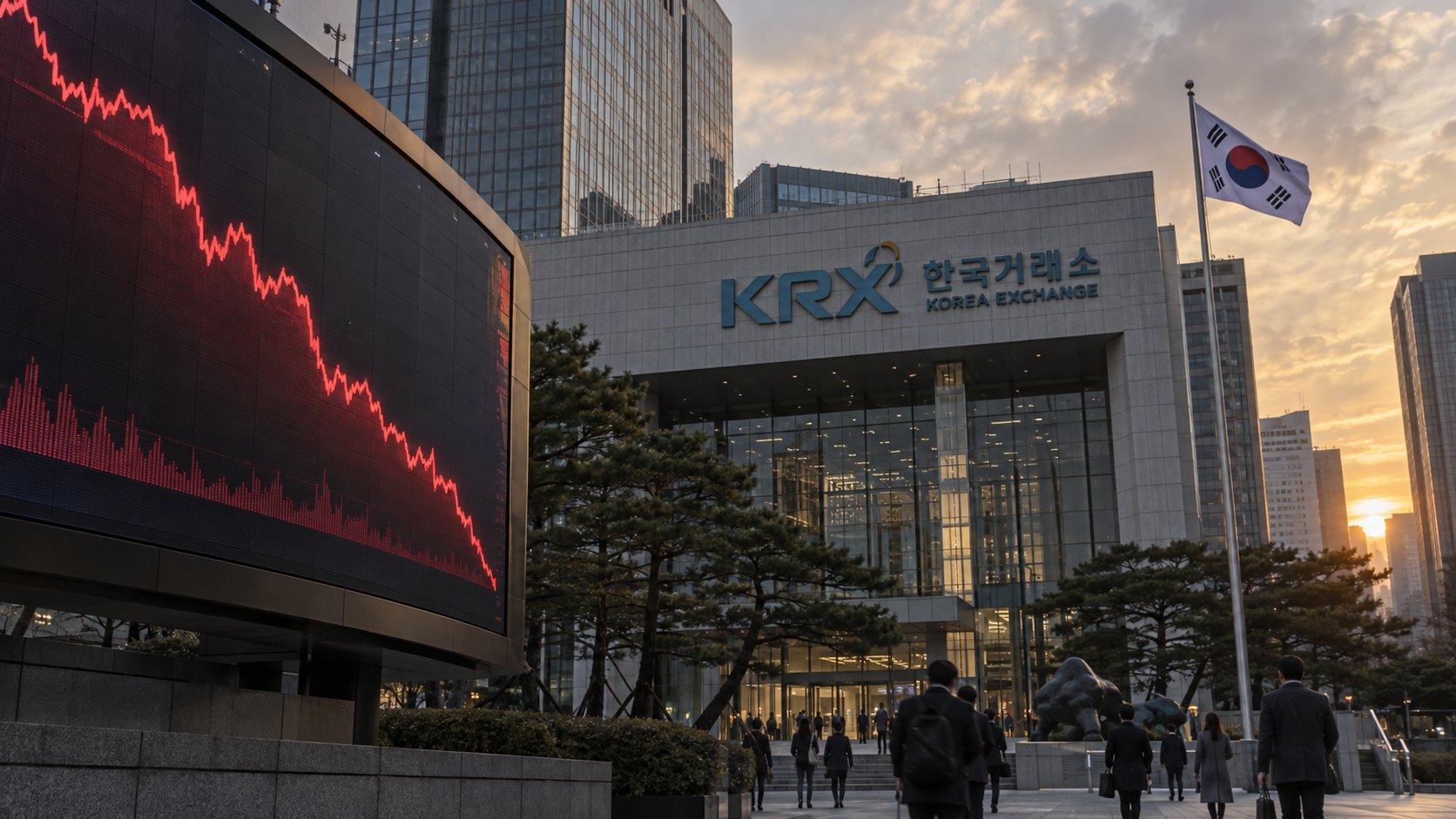 Ilustración editorial generada con IA: el edificio de la Bolsa de Corea (Korea Exchange, KRX) en Yeouido, Seúl, al atardecer, con una bandera de Corea del Sur y, en primer plano, una gran pantalla con líneas de cotización en fuerte caída; composición conceptual, no es una fotografía de la jornada del 13 de octubre.