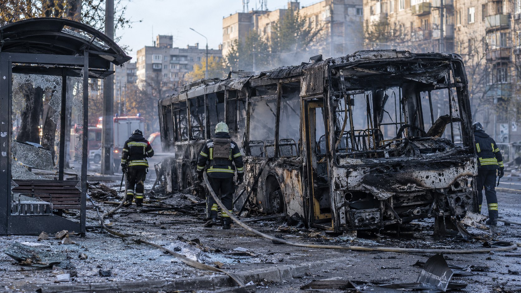 Ilustración editorial generada con IA: un colectivo urbano calcinado y destruido junto a una parada en una calle de una ciudad del Donbás, con bomberos ucranianos trabajando entre el humo y edificios residenciales de fondo; composición conceptual, no es una fotografía del ataque en Kramatorsk.