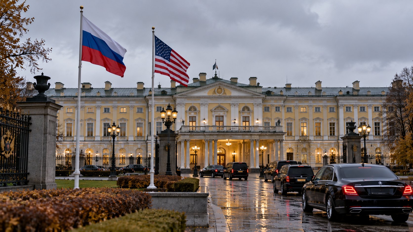 Ilustración editorial generada con IA: la fachada iluminada de un palacio neoclásico en San Petersburgo en una tarde gris de otoño, con una bandera de Rusia y una de Estados Unidos en mástiles frente a la entrada y autos oficiales negros sobre el empedrado mojado; composición conceptual, no es una fotografía de la reunión entre Putin y Witkoff.