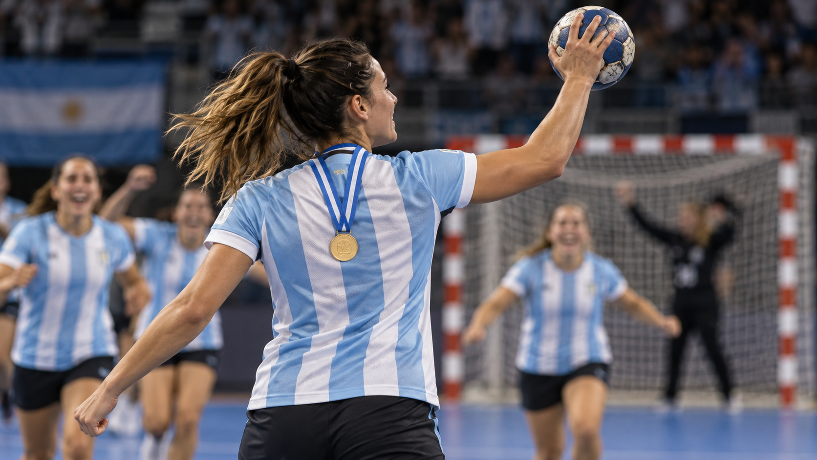 Ilustración representativa generada con IA de una jugadora de handball con los colores argentinos, una pelota y una medalla; no es una foto del torneo ni de una jugadora real.