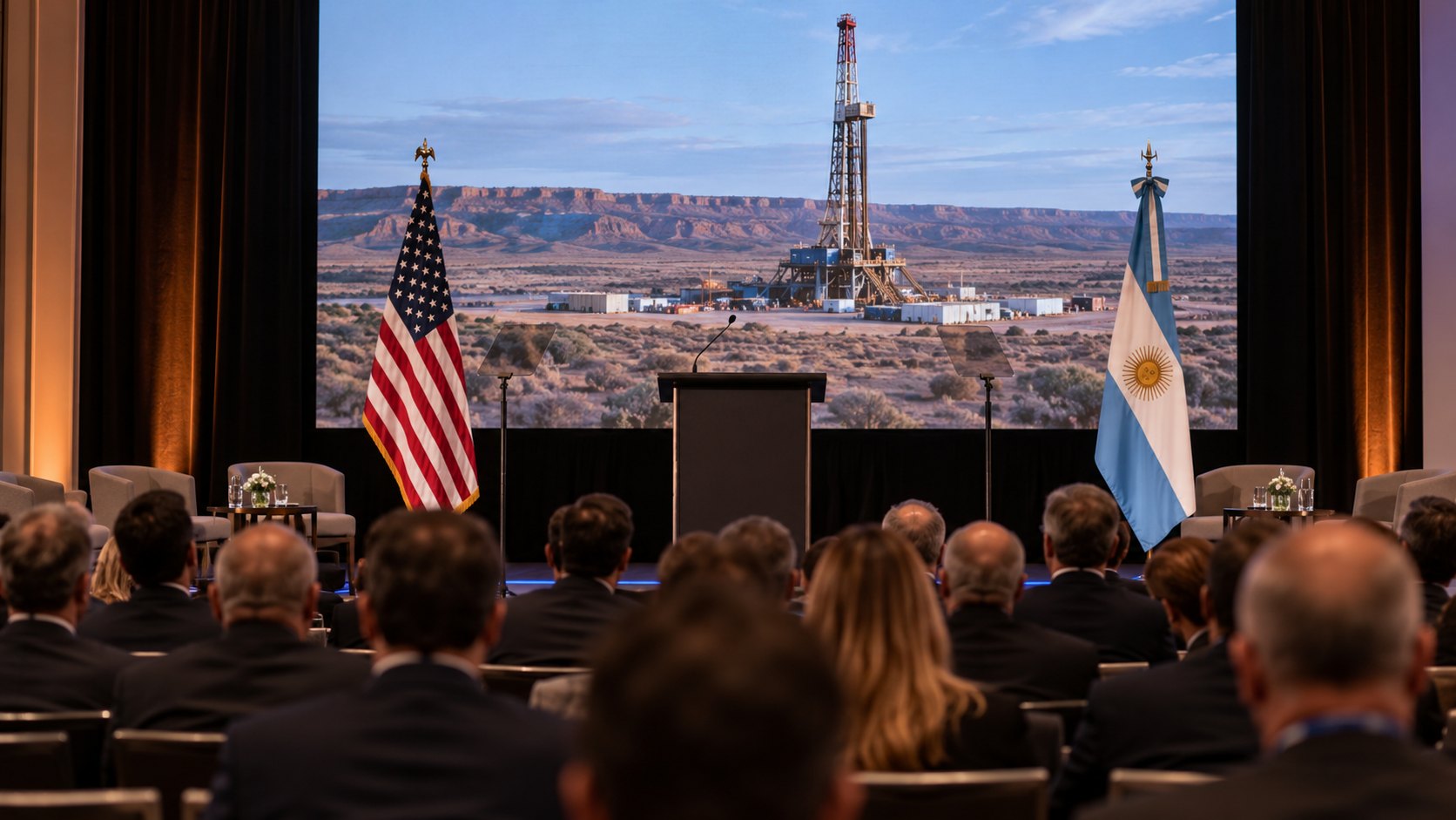 Ilustración editorial generada con IA: un atril vacío entre las banderas de Estados Unidos y de la Argentina en el escenario de un foro empresario, con una pantalla que muestra un equipo de perforación en la meseta neuquina y el público de espaldas; composición conceptual, no es una fotografía del encuentro real.