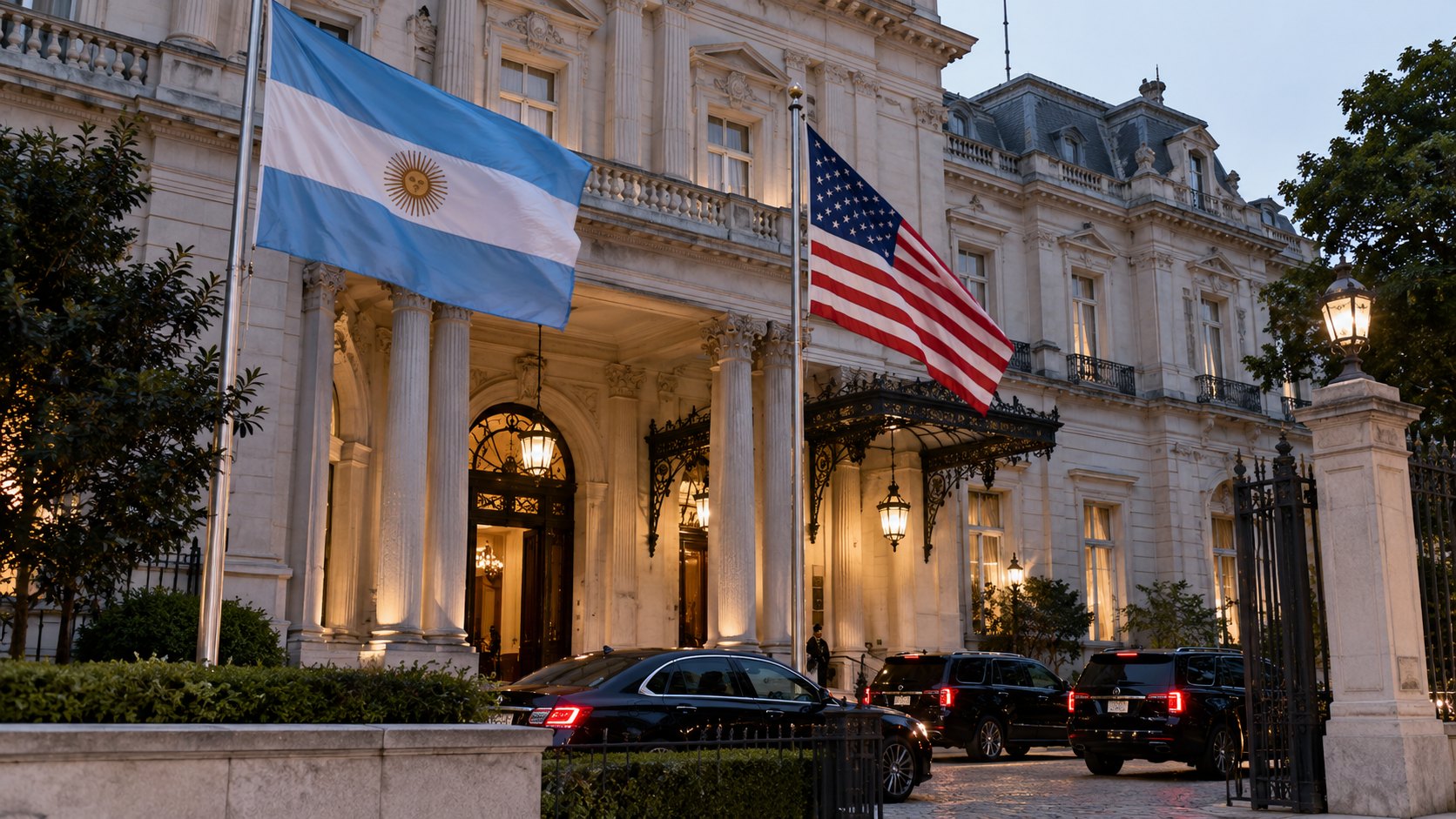 Ilustración editorial generada con IA: la fachada del Palacio San Martín, sede de la Cancillería argentina en Buenos Aires, al atardecer, con las banderas de la Argentina y de Estados Unidos en mástiles y autos oficiales oscuros frente a la entrada; composición conceptual, no es una fotografía de la visita de Landau.