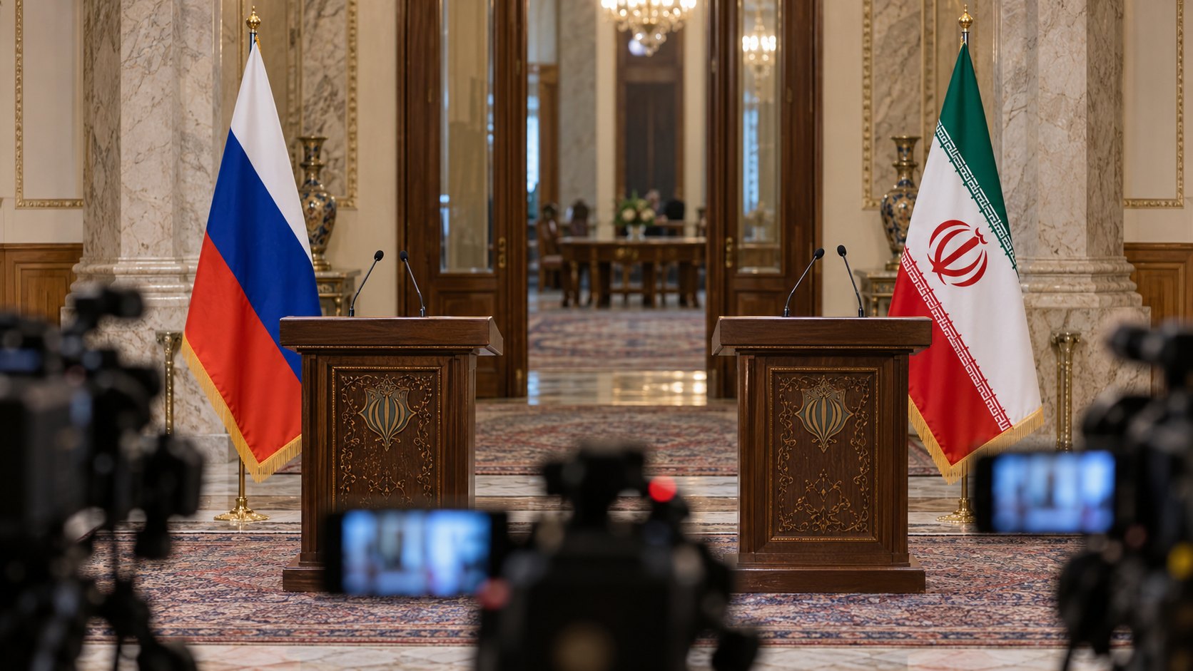 Ilustración editorial generada con IA: dos atriles vacíos en un salón de conferencias de prensa de estilo persa, uno delante de la bandera de Rusia y otro delante de la bandera de Irán, con cámaras de televisión desenfocadas en primer plano; composición conceptual, no es una fotografía de la conferencia real.
