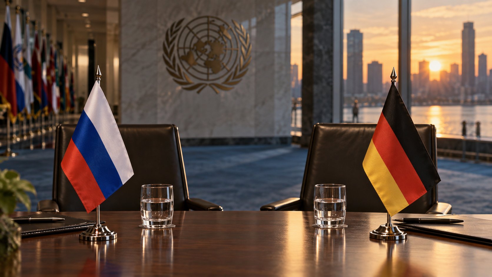 Ilustración editorial generada con IA: banderas de mesa de Rusia y Alemania enfrentadas sobre una mesa de reunión, con dos sillas vacías y el emblema de la ONU al fondo; composición conceptual, no es una fotografía de la reunión.