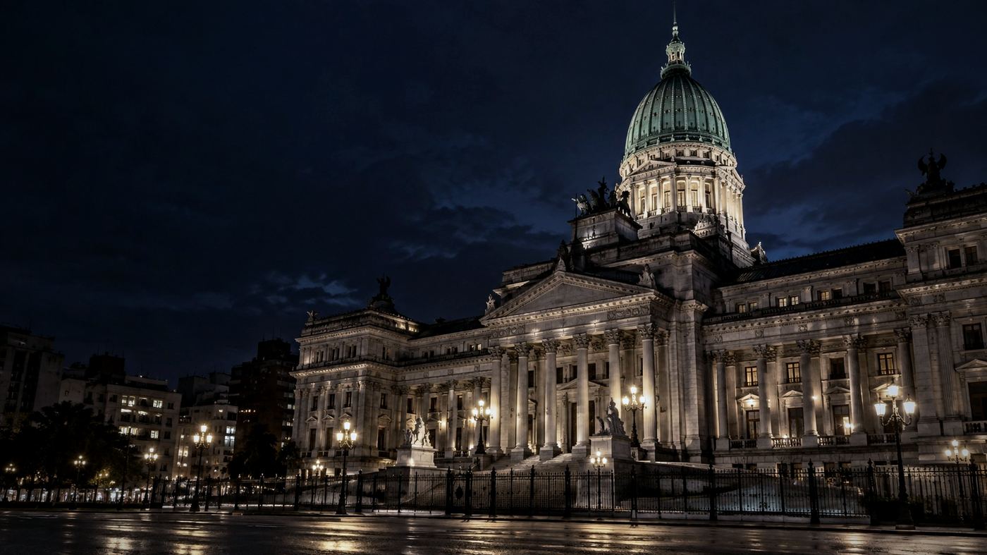 Fachada del Congreso de la Nación Argentina en Buenos Aires, fotografiada de noche