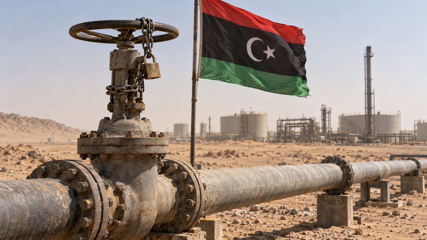 Ilustración editorial generada con IA: válvula de un oleoducto cerrada con cadena y candado en el desierto libio, junto a una bandera de Libia y las instalaciones de un yacimiento al fondo; no es una fotografía de Sharara.