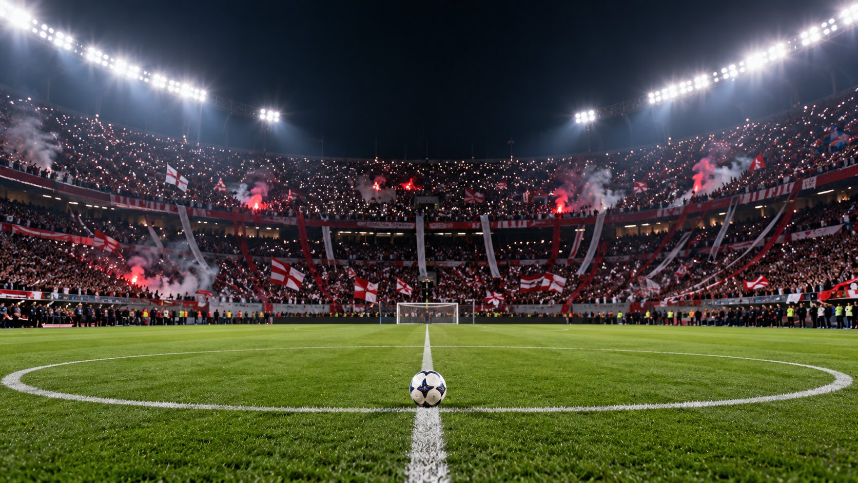 Ilustración editorial generada con IA: un estadio de fútbol argentino colmado de noche, con hinchas, banderas y bengalas en las tribunas y la pelota en el círculo central del campo iluminado por los reflectores; composición conceptual, no es una fotografía de un partido identificado.