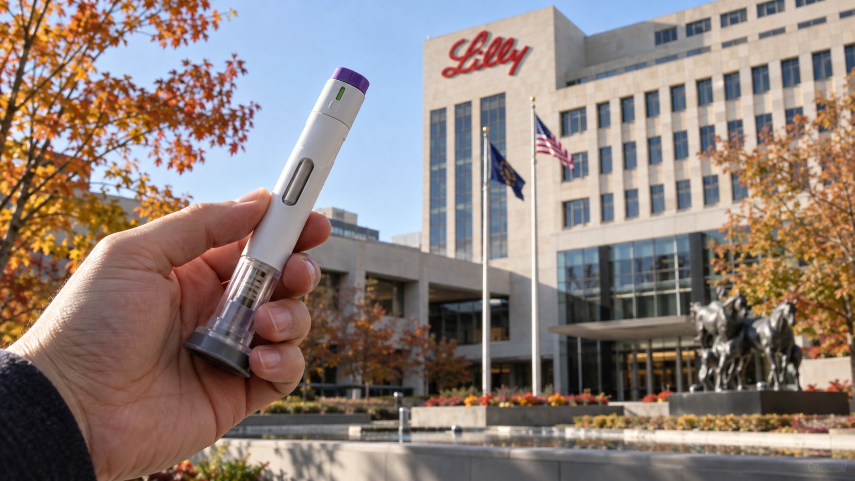 Ilustración editorial generada con IA: la sede de Eli Lilly en Indianápolis con el logo rojo de Lilly y, en primer plano, una mano que sostiene una lapicera inyectora; composición conceptual, no es una fotografía documental.