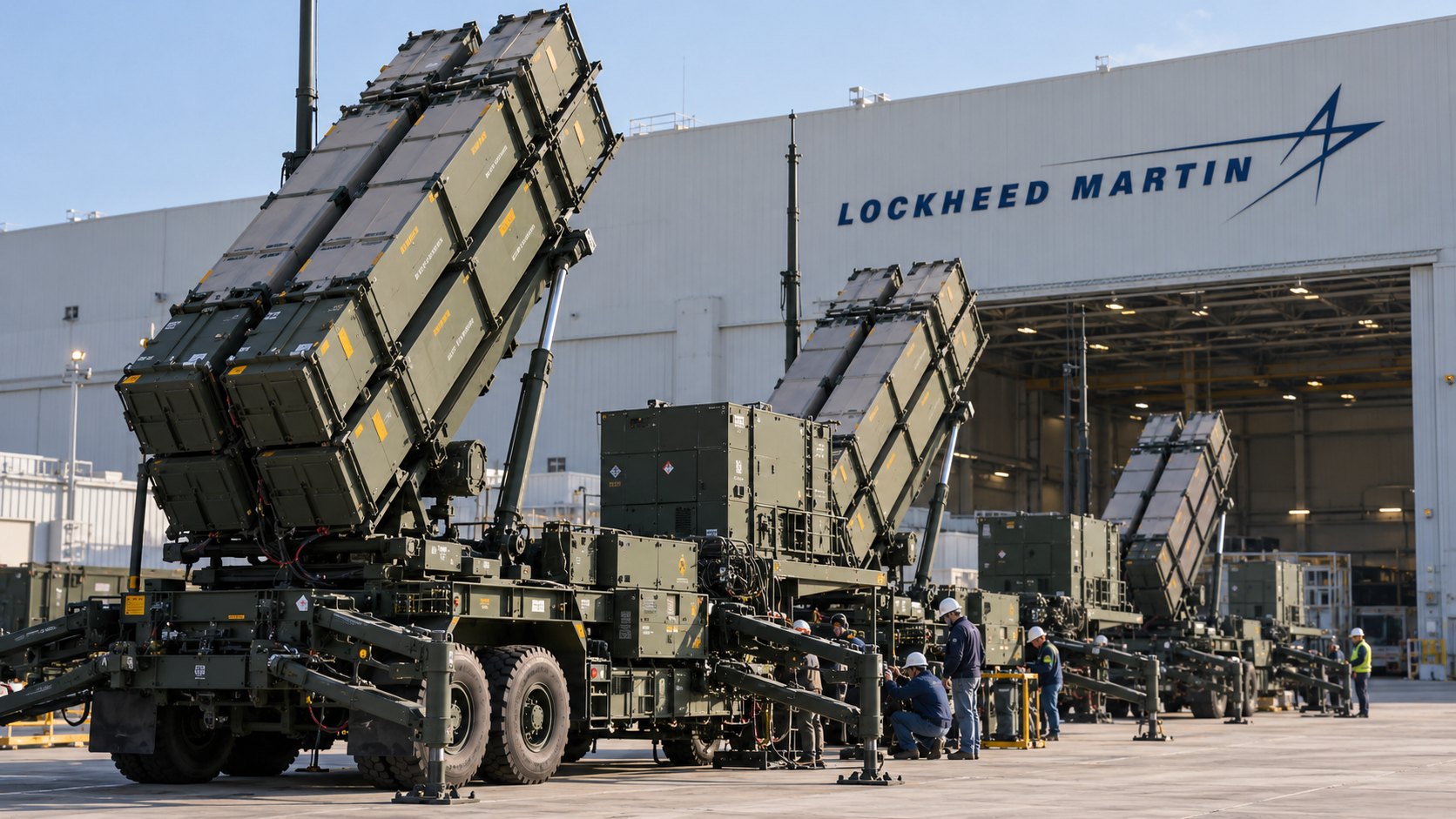 Ilustración editorial generada con IA: lanzadores del sistema de defensa aérea Patriot con contenedores de interceptores frente a una nave industrial con el logo de Lockheed Martin, mientras técnicos con casco los inspeccionan; composición conceptual, no es una fotografía de una planta ni de un hecho real.
