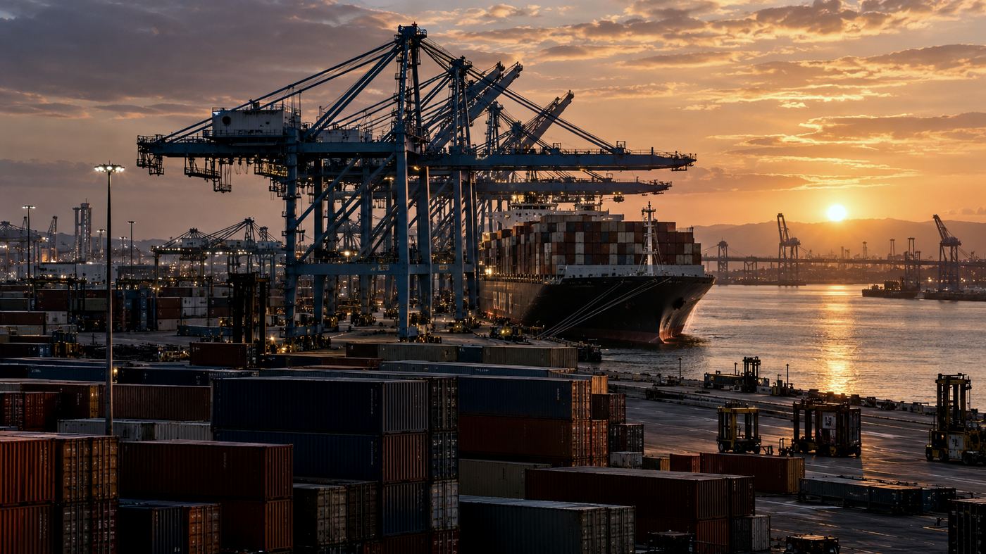 Grúas pórtico y contenedores apilados en el puerto de Long Beach, California, al atardecer