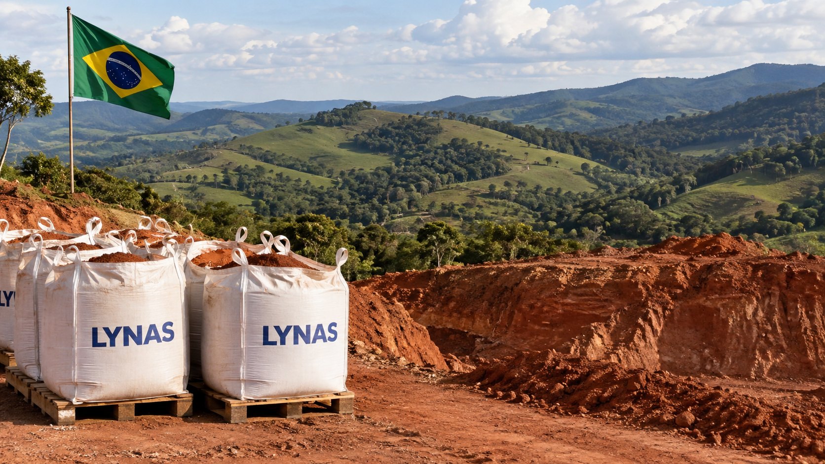 Ilustración editorial generada con IA: bolsas big bag blancas con la inscripción Lynas, llenas de arcilla rojiza, sobre pallets junto a un corte de suelo rojo en las colinas verdes de Minas Gerais, con una bandera de Brasil en un mástil; composición conceptual, no es una fotografía del proyecto Caldeira.