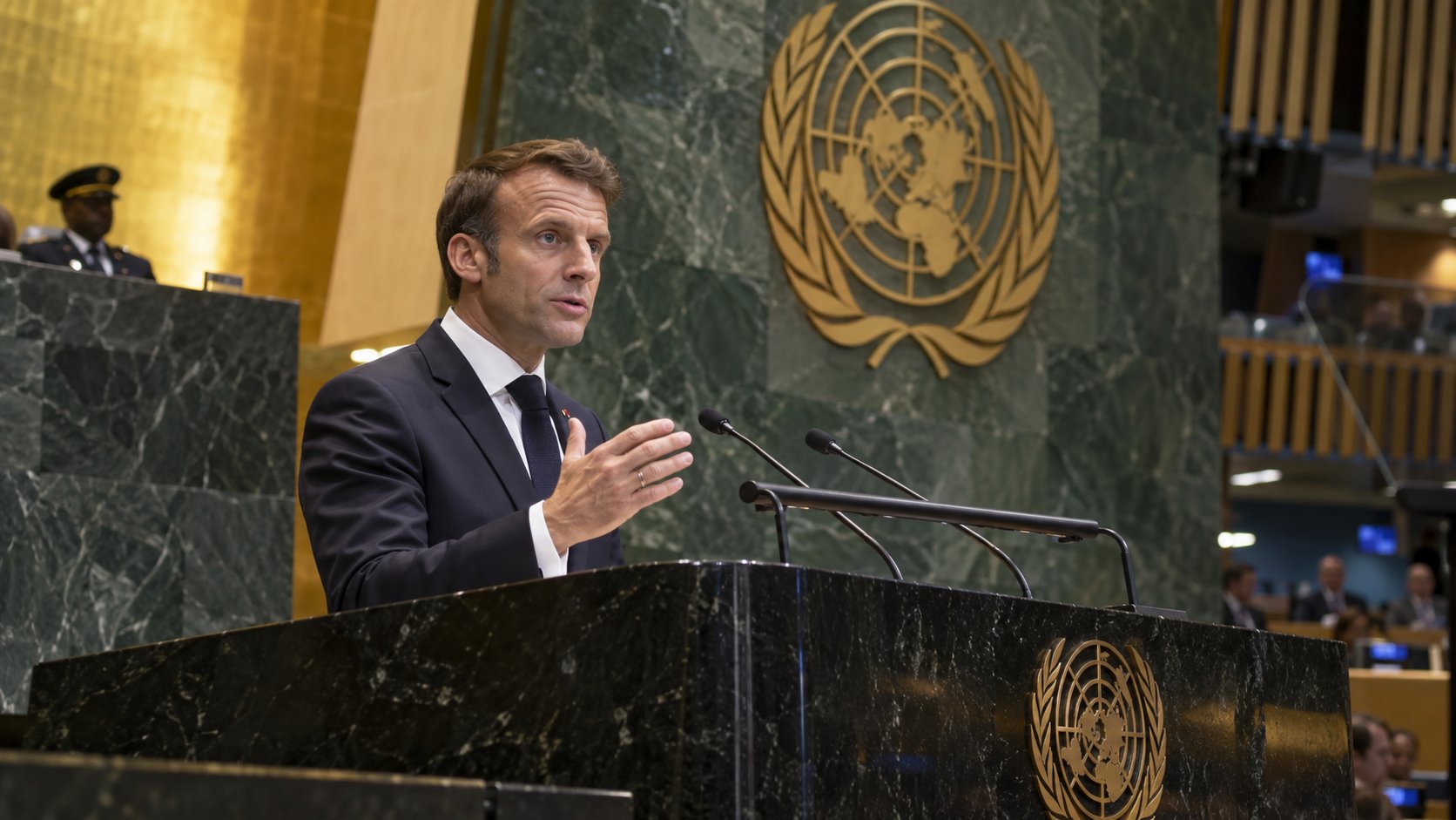 Ilustración editorial generada con IA: Emmanuel Macron habla desde el estrado de la Asamblea General de las Naciones Unidas; no es una fotografía del discurso.