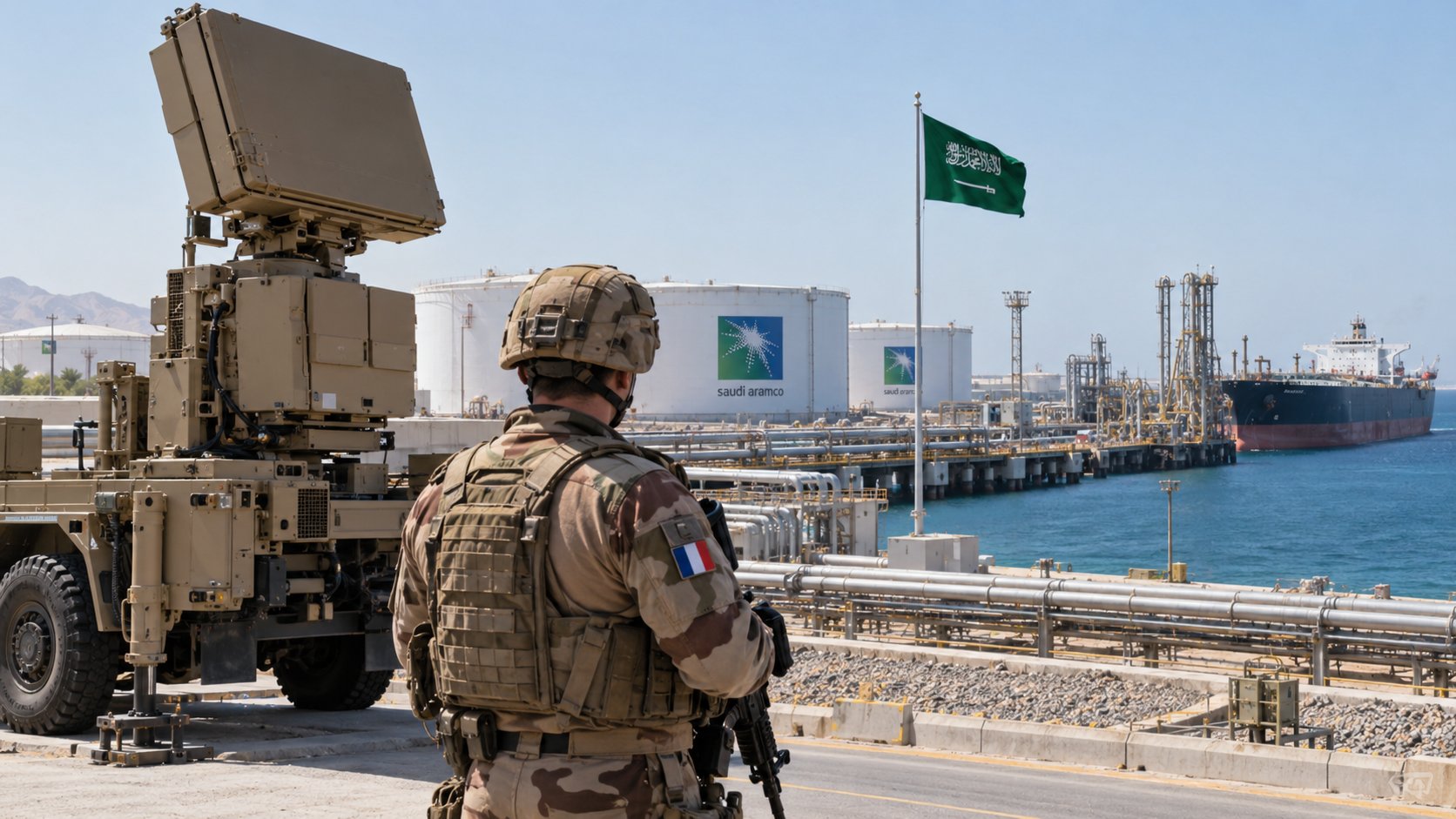 Ilustración editorial generada con IA: soldado francés con parche de la bandera de Francia junto a un radar militar móvil frente a tanques de crudo de Saudi Aramco en una terminal del mar Rojo; composición conceptual, no es una fotografía del despliegue.