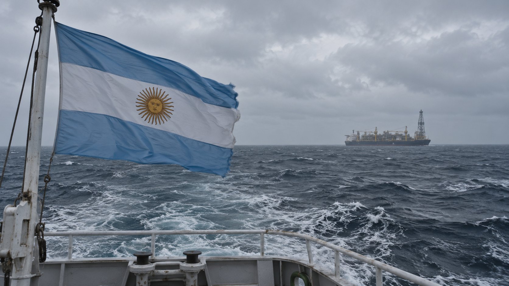 Ilustración editorial generada con IA: una bandera argentina flamea en la popa de un buque frente a una unidad flotante de producción petrolera en el horizonte del Atlántico Sur, bajo un cielo nublado; composición conceptual, no es una fotografía de Sea Lion ni de un hecho real.