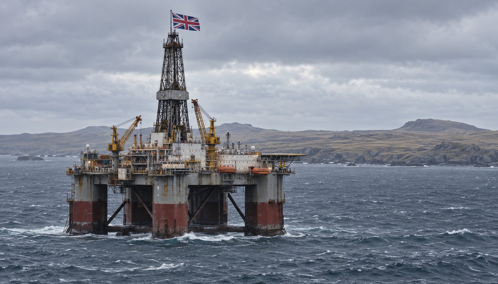 Ilustración editorial generada con IA: una plataforma semisumergible de perforación petrolera en un mar gris y picado del Atlántico Sur, con una bandera del Reino Unido en su mástil y la costa rocosa y baja de unas islas al fondo; composición conceptual, no es una fotografía documental de Sea Lion ni de una instalación real.