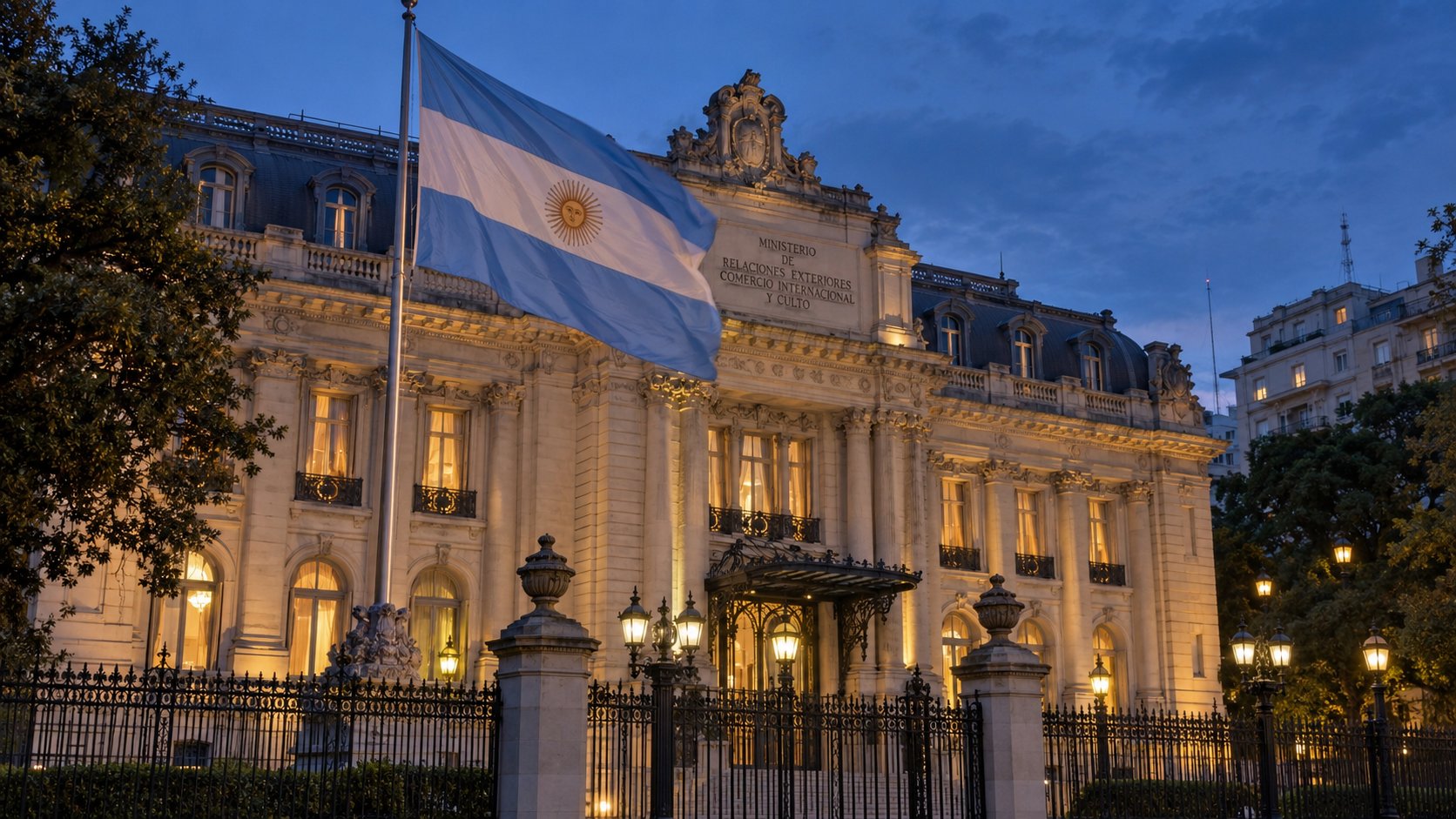 Ilustración editorial generada con IA: fachada del Palacio San Martín, sede de la Cancillería argentina, con la bandera argentina al atardecer; no es una fotografía de un hecho real.