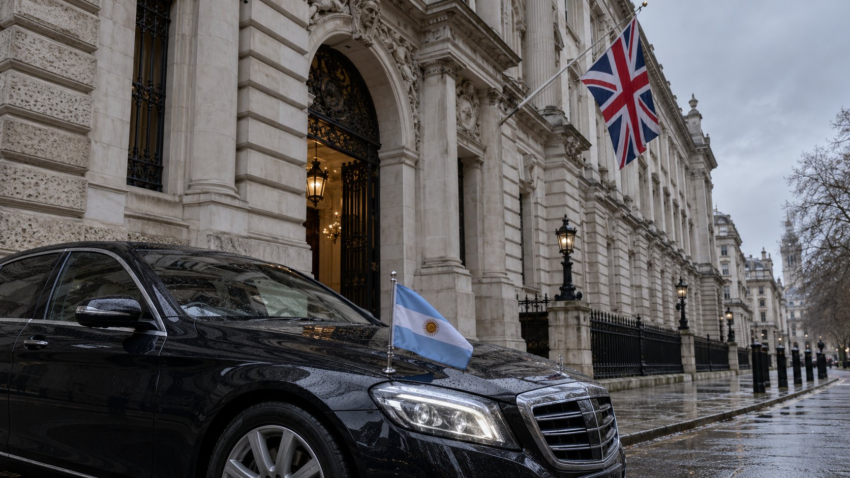 Ilustración editorial generada con IA: un sedán diplomático negro con una pequeña bandera argentina detenido frente a la fachada de piedra del Foreign Office en Londres, con la bandera del Reino Unido en lo alto; composición conceptual, no es una fotografía de la reunión ni de la embajadora.