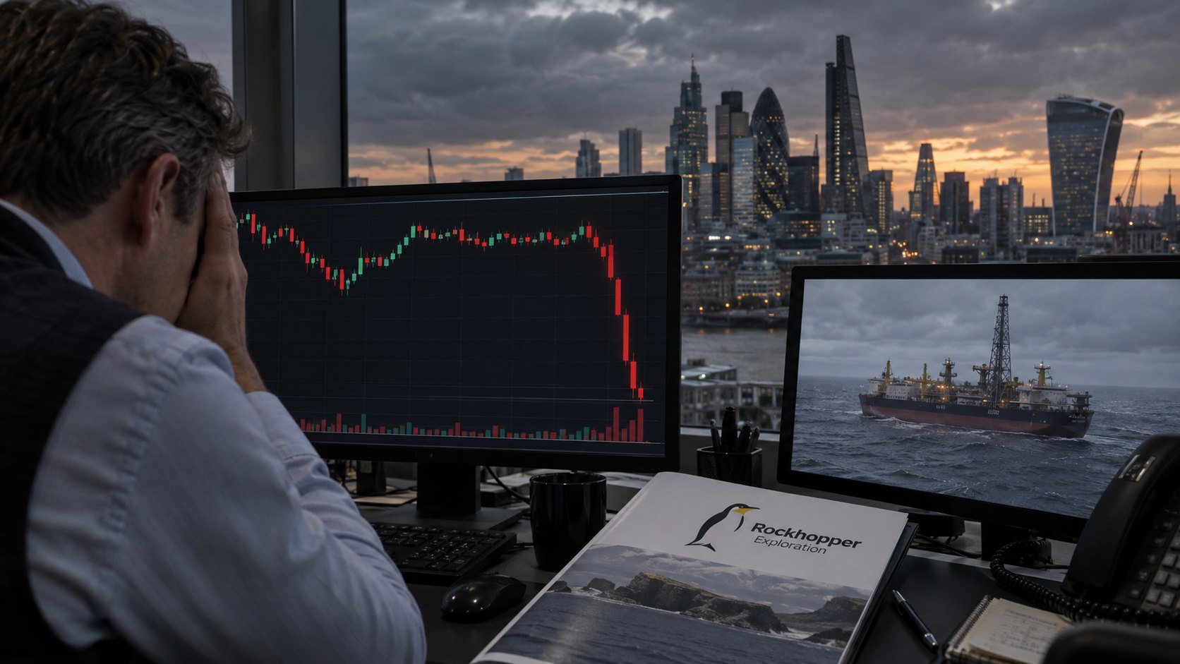 Ilustración editorial generada con IA: en un escritorio de operaciones de la City de Londres, un operador se tapa la cara frente a un monitor con un gráfico en caída, junto a un informe con el logo de Rockhopper Exploration y otro monitor con un buque petrolero en el mar; composición conceptual, no es una fotografía de una oficina real de la empresa.