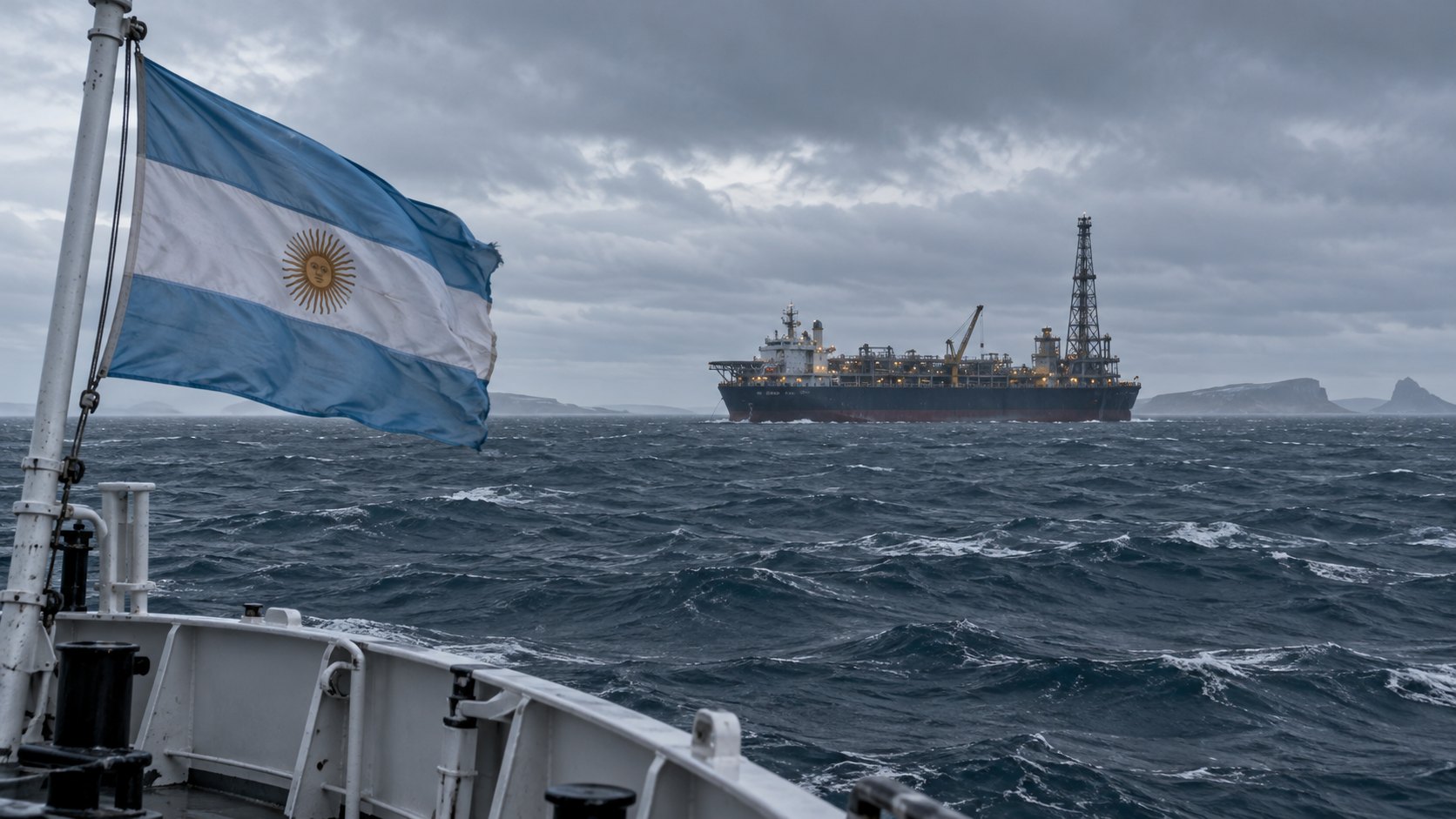 Ilustración editorial generada con IA: la bandera argentina flamea en la proa de un buque sobre el Atlántico Sur gris y agitado, con un buque petrolero de producción FPSO en el horizonte y costas rocosas al fondo; composición conceptual, no es una fotografía del proyecto Sea Lion ni de un hecho real.