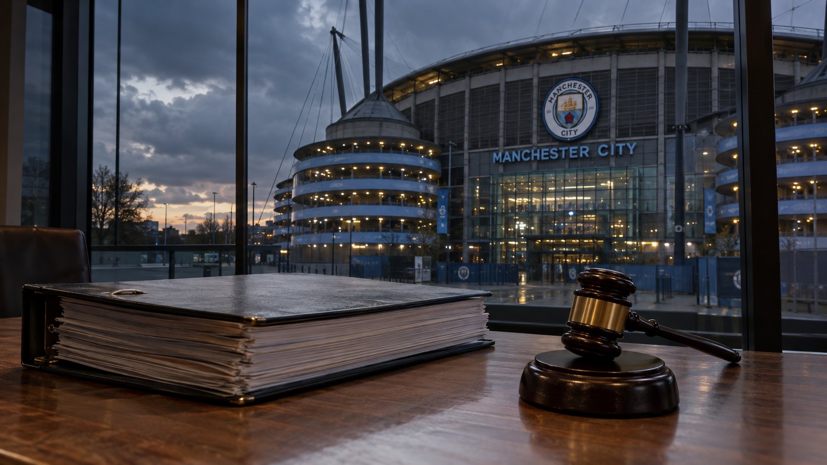 Ilustración editorial generada con IA: el estadio Etihad del Manchester City al atardecer, visto desde un vestíbulo con una carpeta de expedientes y un mazo de juez sobre la mesa; composición conceptual, no es una fotografía real.