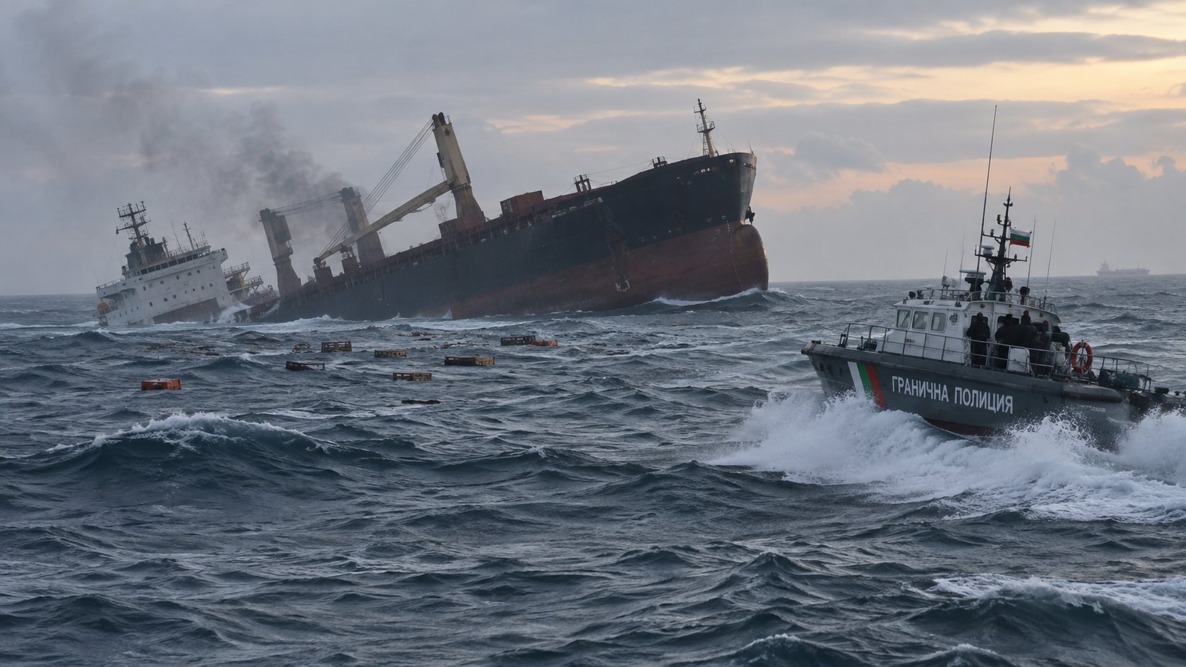 Ilustración editorial generada con IA: un carguero partido y semihundido en el Mar Negro agitado al amanecer, con humo y restos flotando, mientras una lancha de la Policía de Fronteras de Bulgaria se acerca; composición conceptual, no es una fotografía del HS Dignity ni del hecho.