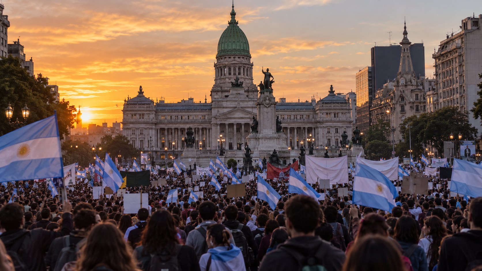 Ilustración editorial generada con IA: una multitud de estudiantes y docentes con banderas argentinas frente al Palacio del Congreso de la Nación, en Buenos Aires, durante una marcha universitaria; composición representativa, no es una fotografía de la movilización del 15 de octubre.