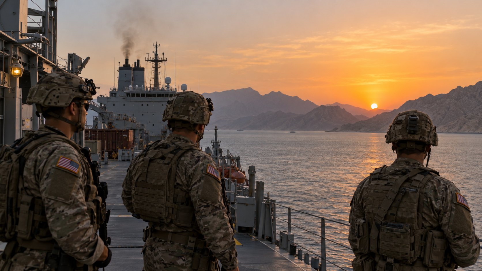 Ilustración editorial generada con IA: marines estadounidenses con la bandera de Estados Unidos en el uniforme en la cubierta de un buque que cruza el estrecho de Ormuz, con una columna de humo tenue y la costa montañosa al fondo; composición conceptual, no es una fotografía del ataque ni de la embarcación real.