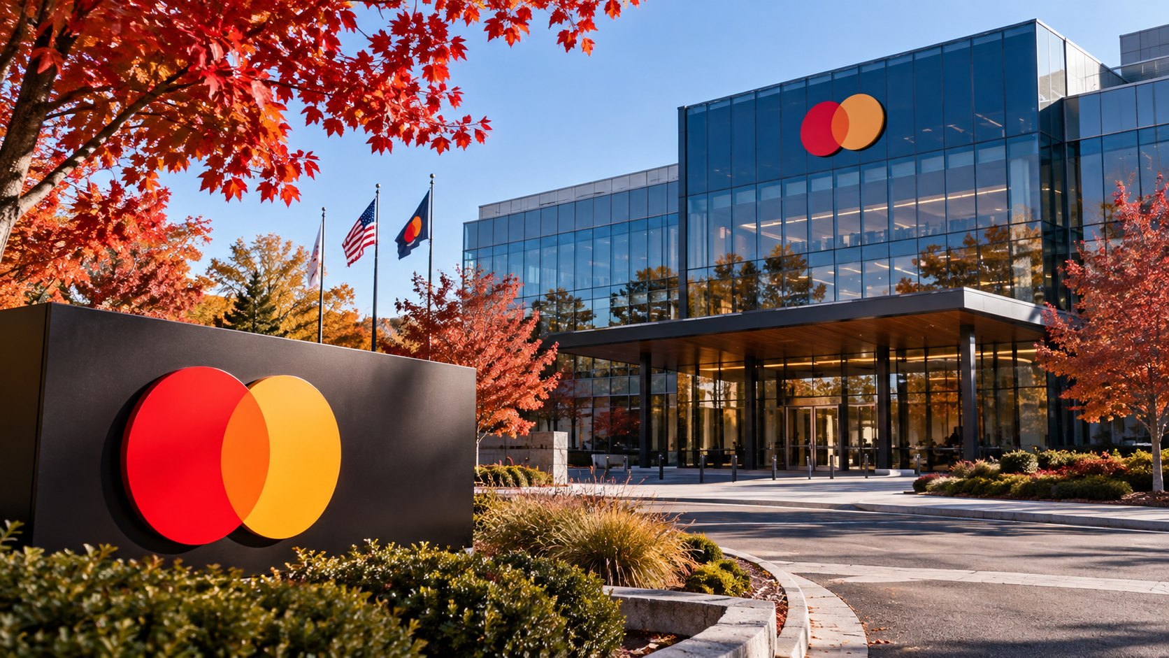 Ilustración editorial generada con IA: la sede de Mastercard en Purchase, Nueva York, con el logo de la compañía en una mañana de otoño; composición conceptual, no es una fotografía documental.