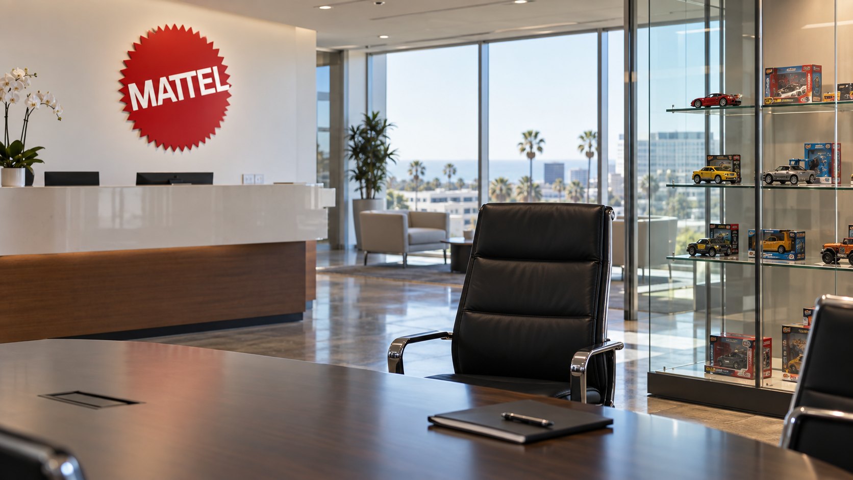 Ilustración editorial generada con IA: la recepción de unas oficinas corporativas con el logo de Mattel en la pared, una silla ejecutiva vacía junto a una mesa de reuniones y una vitrina con juguetes genéricos; composición conceptual, no es una fotografía de las oficinas reales ni de sus directivos.