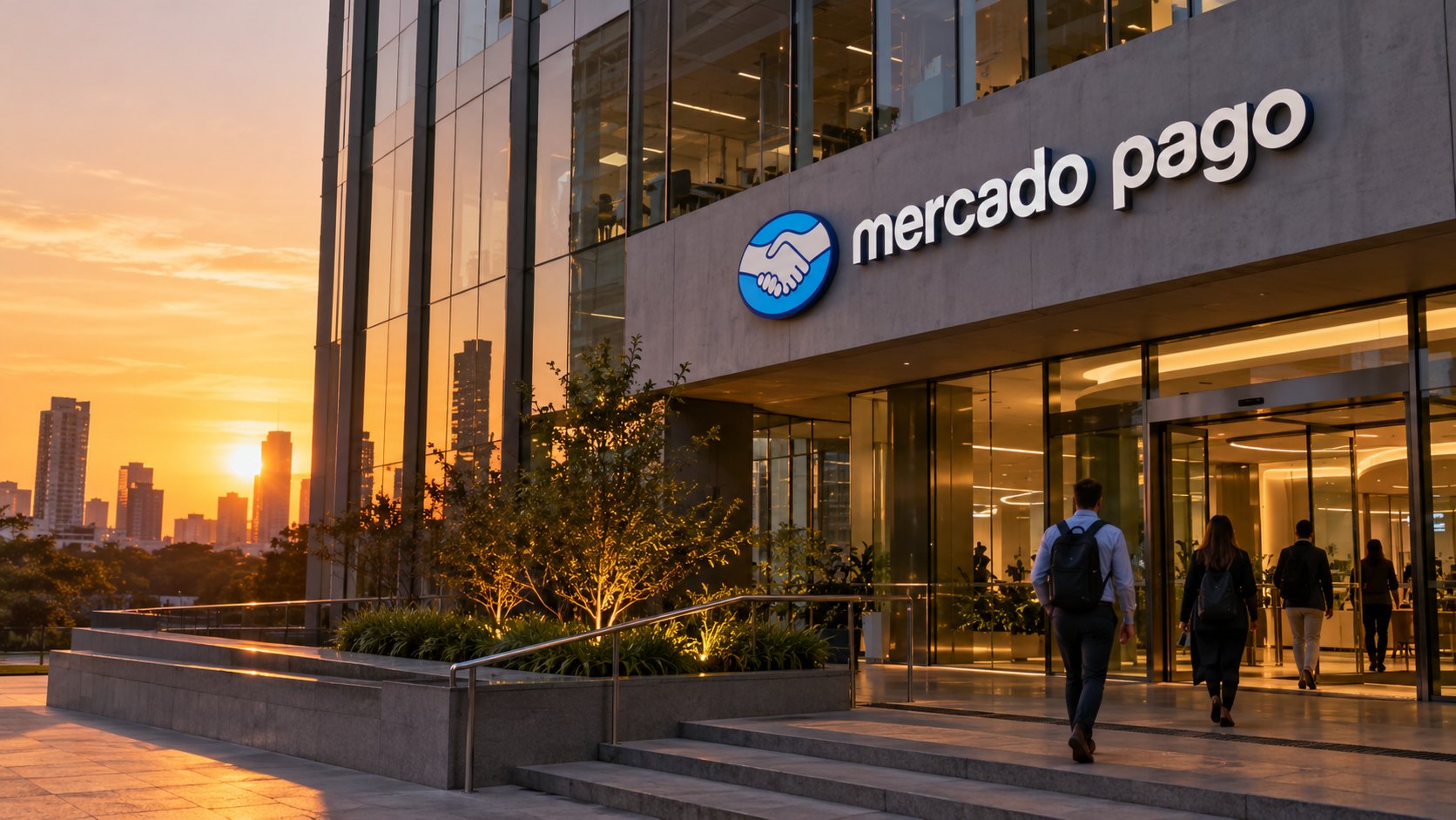 Ilustración editorial generada con IA: la fachada de unas oficinas de Mercado Pago con el logo de la marca, al atardecer; composición conceptual, no es una fotografía de un hecho real.