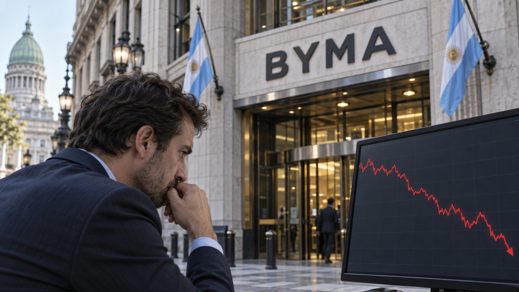 Ilustración editorial generada con IA: analista observa pantallas de mercado frente a señalética de BYMA; no representa una rueda ni una persona real.