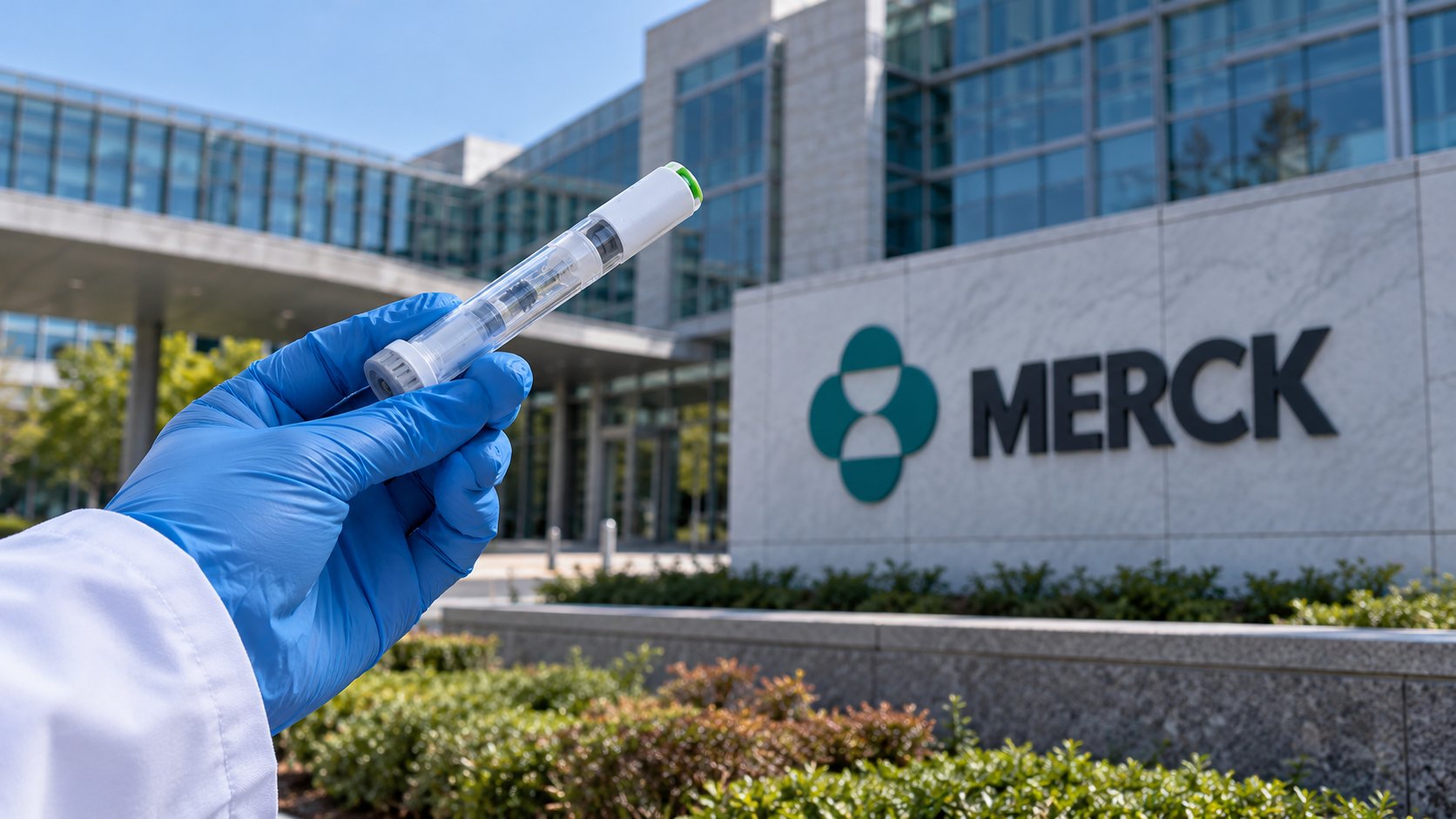 Ilustración editorial generada con IA: una mano con guante azul sostiene una jeringa prellenada frente a la fachada de una sede corporativa con el logo y el nombre de Merck; composición conceptual, no es una fotografía documental.