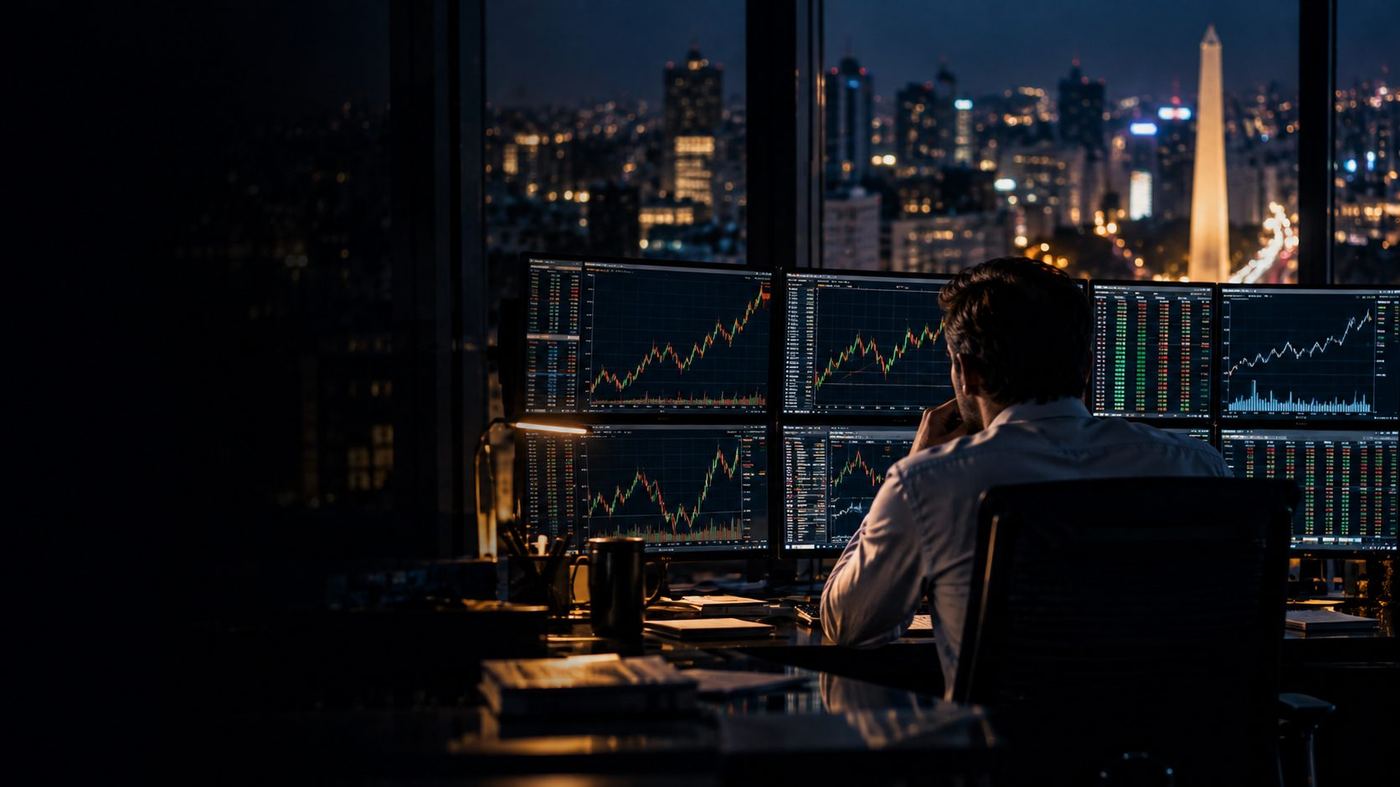 Operador financiero frente a varias pantallas con gráficos de mercado en una sala de trading de noche