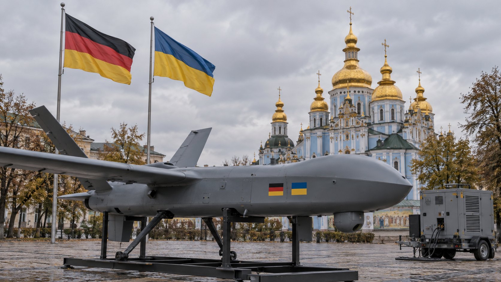 Ilustración editorial generada con IA: un dron interceptor militar gris con las banderas de Alemania y de Ucrania pintadas en el fuselaje, sobre un soporte en una plaza de Kiev, con las banderas alemana y ucraniana flameando detrás y las cúpulas doradas del monasterio de San Miguel al fondo; composición conceptual, no es una fotografía de la visita ni de un modelo real.