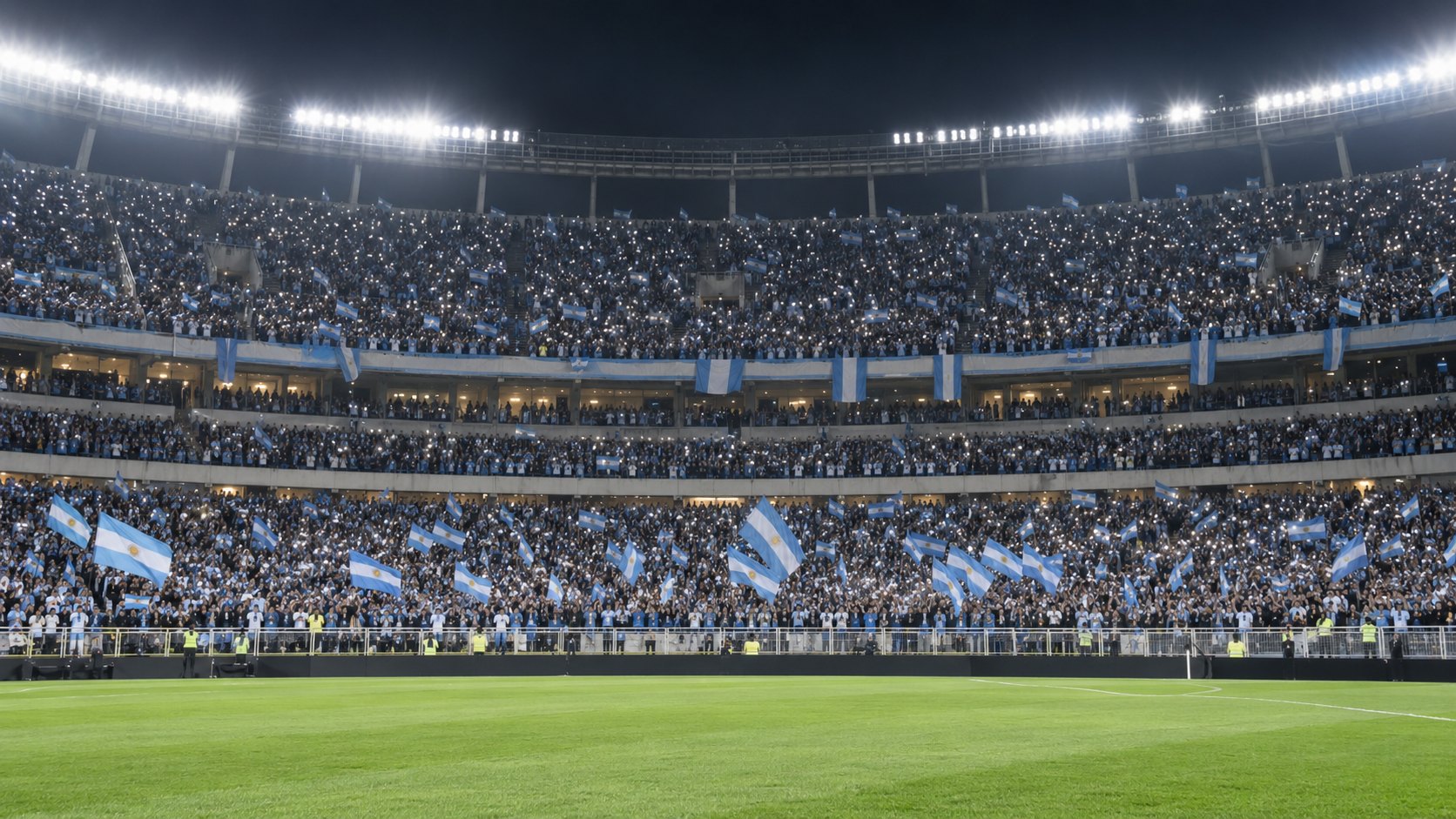 Ilustración editorial generada con IA: las tribunas del estadio Monumental de noche, repletas de hinchas con banderas argentinas y las linternas de los celulares encendidas, vistas desde el césped bajo las torres de luz; no es una fotografía del partido ni muestra a personas reales.
