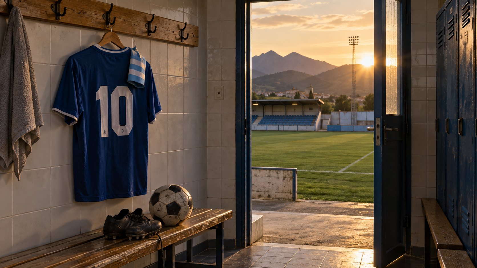 Ilustración editorial generada con IA: en el vestuario vacío de un estadio pequeño de España, una camiseta azul con el número 10 y una cinta de capitán celeste y blanca cuelga de un perchero junto a un banco con una pelota y botines, y por la puerta se ven el césped y una tribuna; no es una fotografía documental.