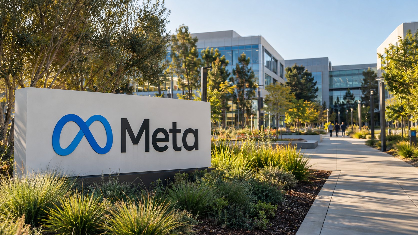 Ilustración editorial generada con IA: el cartel de Meta, con el símbolo del infinito azul y la palabra Meta, en la entrada de la sede de la compañía en Menlo Park, California, por la mañana; composición conceptual, no es una fotografía de un hecho real.