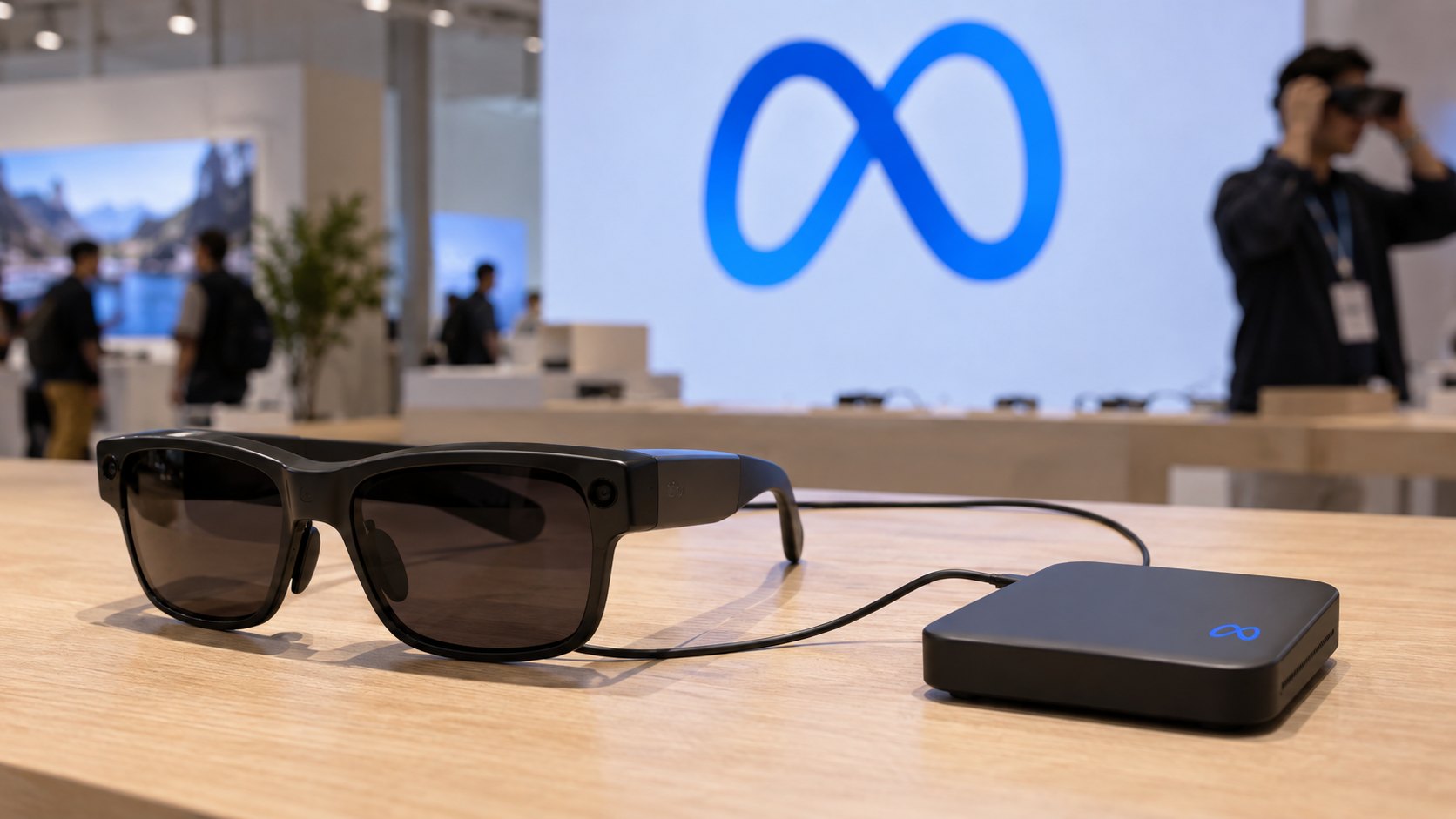 Ilustración editorial generada con IA: unas gafas de realidad virtual negras conectadas por un cable a una pequeña unidad de cómputo con el logo de Meta, sobre una mesa de exhibición, con el símbolo de Meta de fondo; no es una fotografía del producto real ni del evento Connect.
