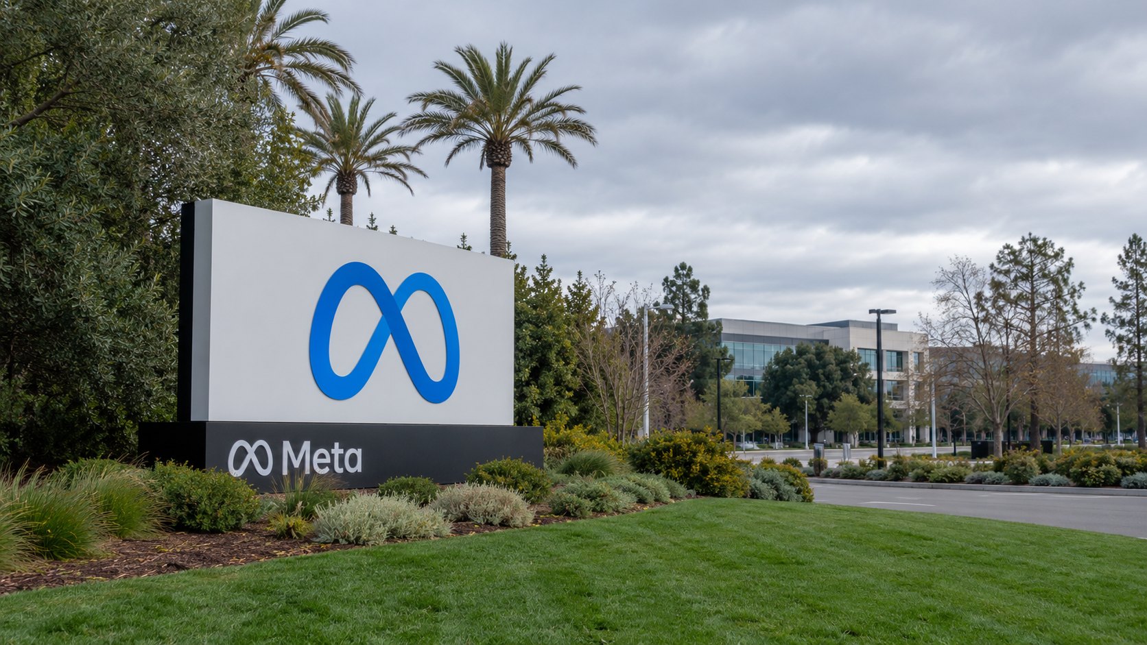 Ilustración editorial generada con IA: el cartel de entrada de la sede de Meta en Menlo Park, California, con el logo del infinito azul, bajo un cielo nublado y entre palmeras; composición conceptual, no es una fotografía del lugar.