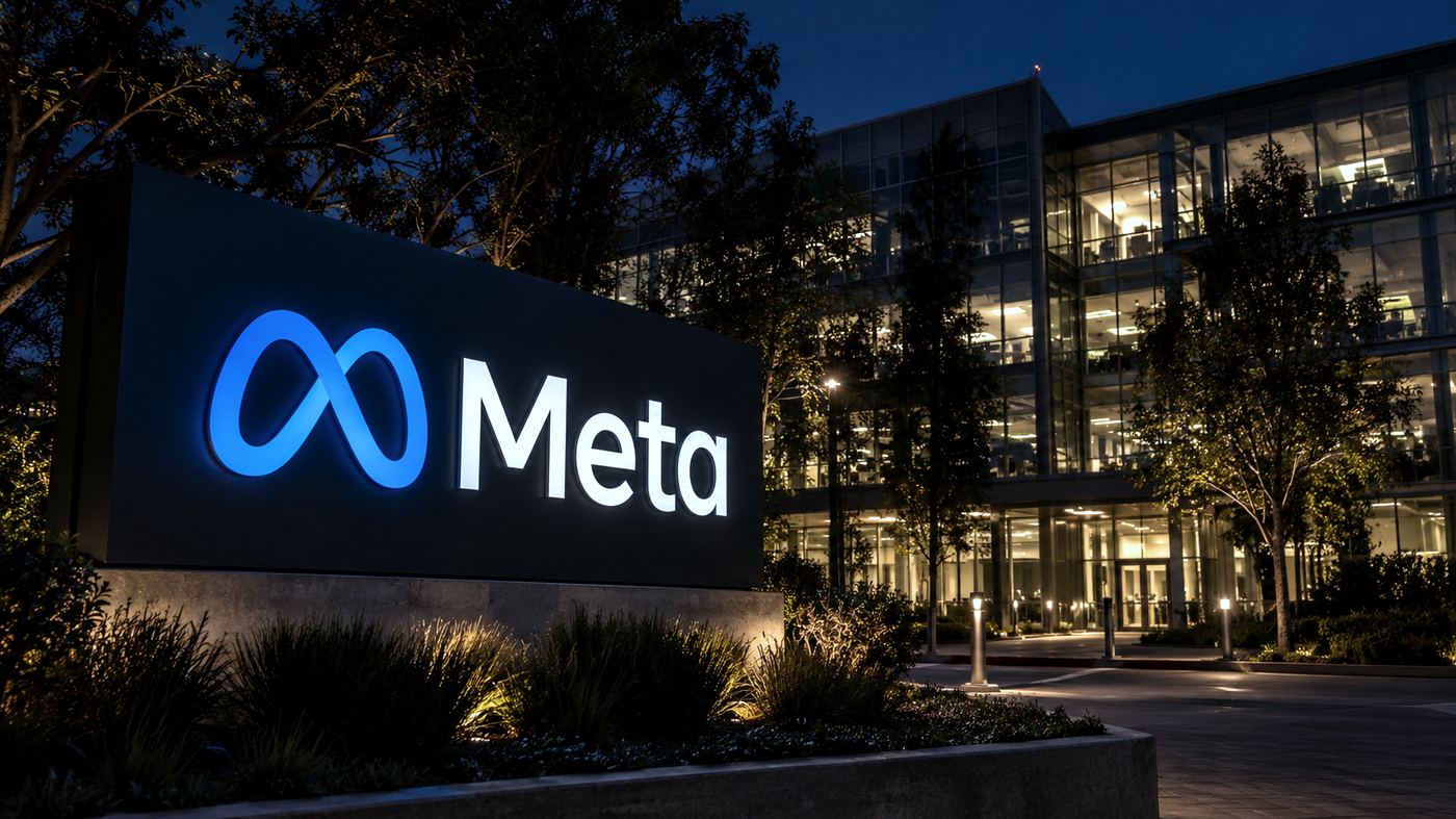 Cartel iluminado con el logo de Meta en la entrada de un campus corporativo, fotografiado de noche con un edificio de oficinas iluminado de fondo