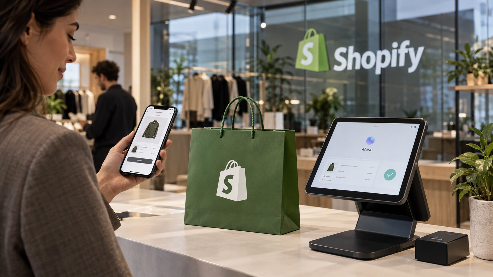 Ilustración editorial generada con IA: una compradora usa Muse junto a señalética de Shopify; no representa una integración ni una compra real.