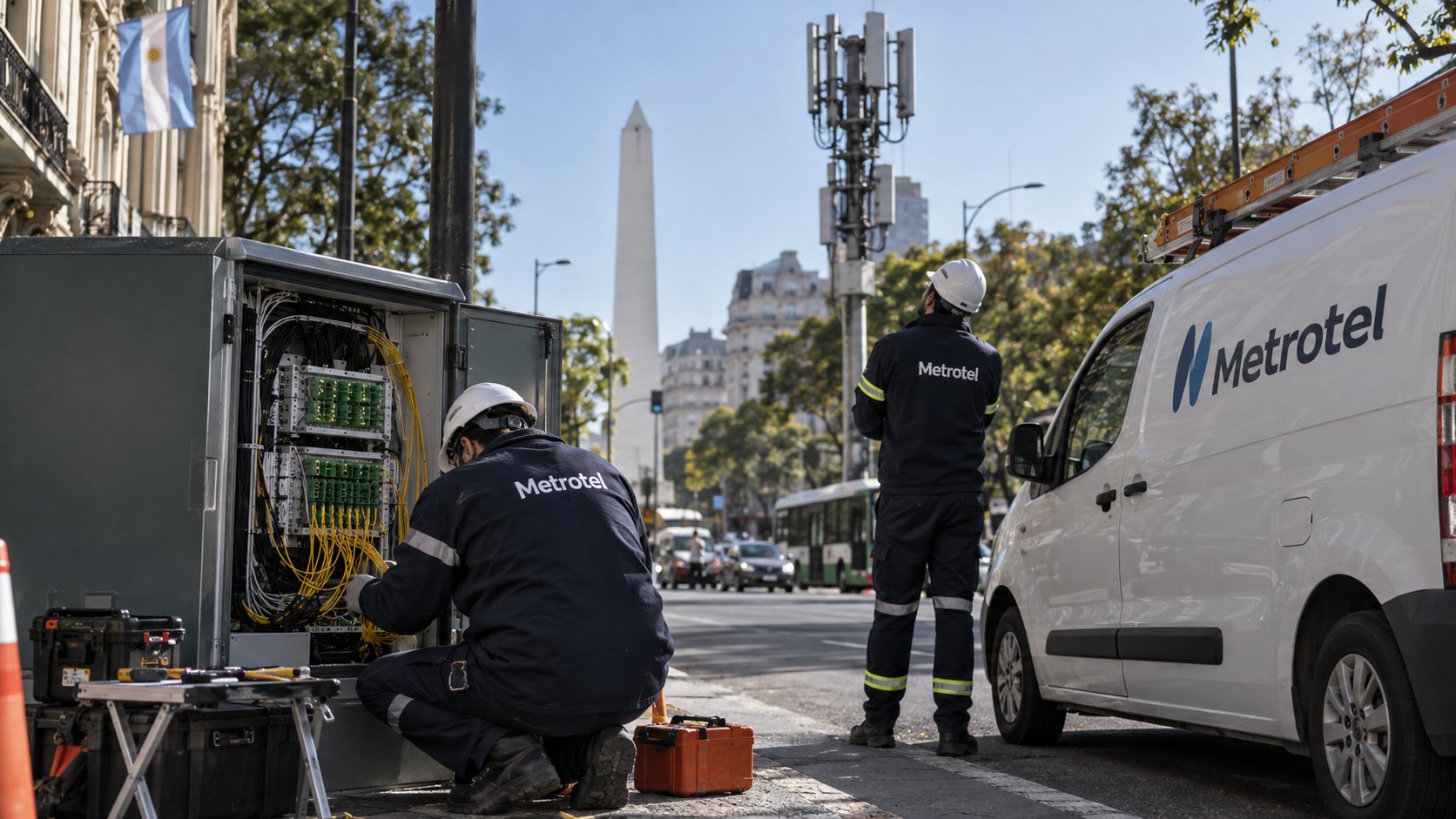 Ilustración editorial generada con IA: dos técnicos con uniforme de Metrotel trabajan en un gabinete de fibra óptica en una avenida de Buenos Aires, junto a una camioneta blanca con la marca Metrotel y una antena de telefonía móvil, con el Obelisco al fondo; composición conceptual, no es una fotografía de obras reales de la empresa.