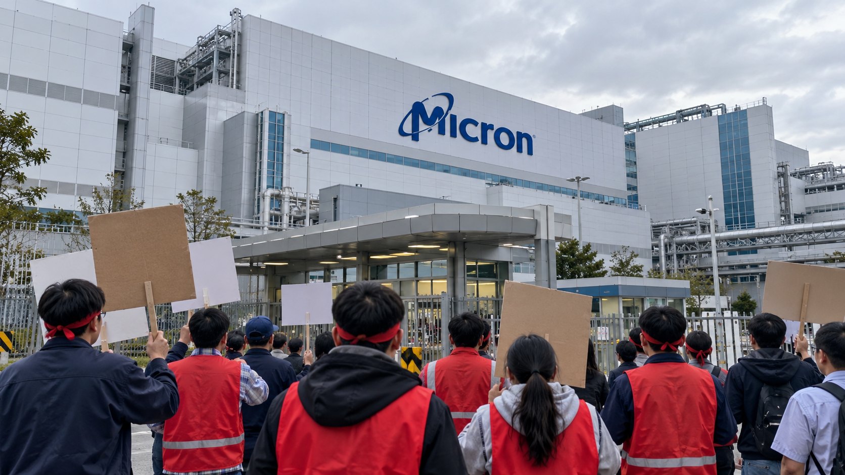 Ilustración editorial generada con IA: frente a una planta de semiconductores con el logo de Micron en la fachada, un grupo de trabajadores de espaldas con chalecos rojos y vinchas sindicales sostiene pancartas sin texto; composición conceptual, no es una fotografía de la planta de Taoyuan ni de una protesta real.