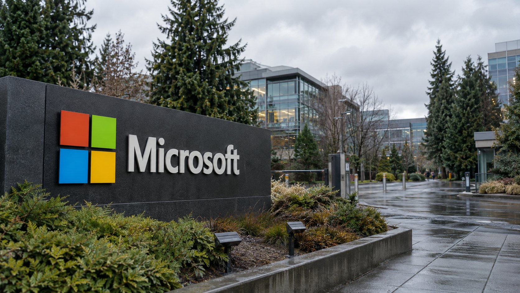 Ilustración editorial generada con IA: el cartel de entrada del campus de Microsoft en Redmond, con el logotipo de cuatro cuadrados y el nombre de la empresa, en un día nublado y lluvioso, con edificios de oficinas de vidrio y pinos detrás; composición conceptual, no es una fotografía del hecho.